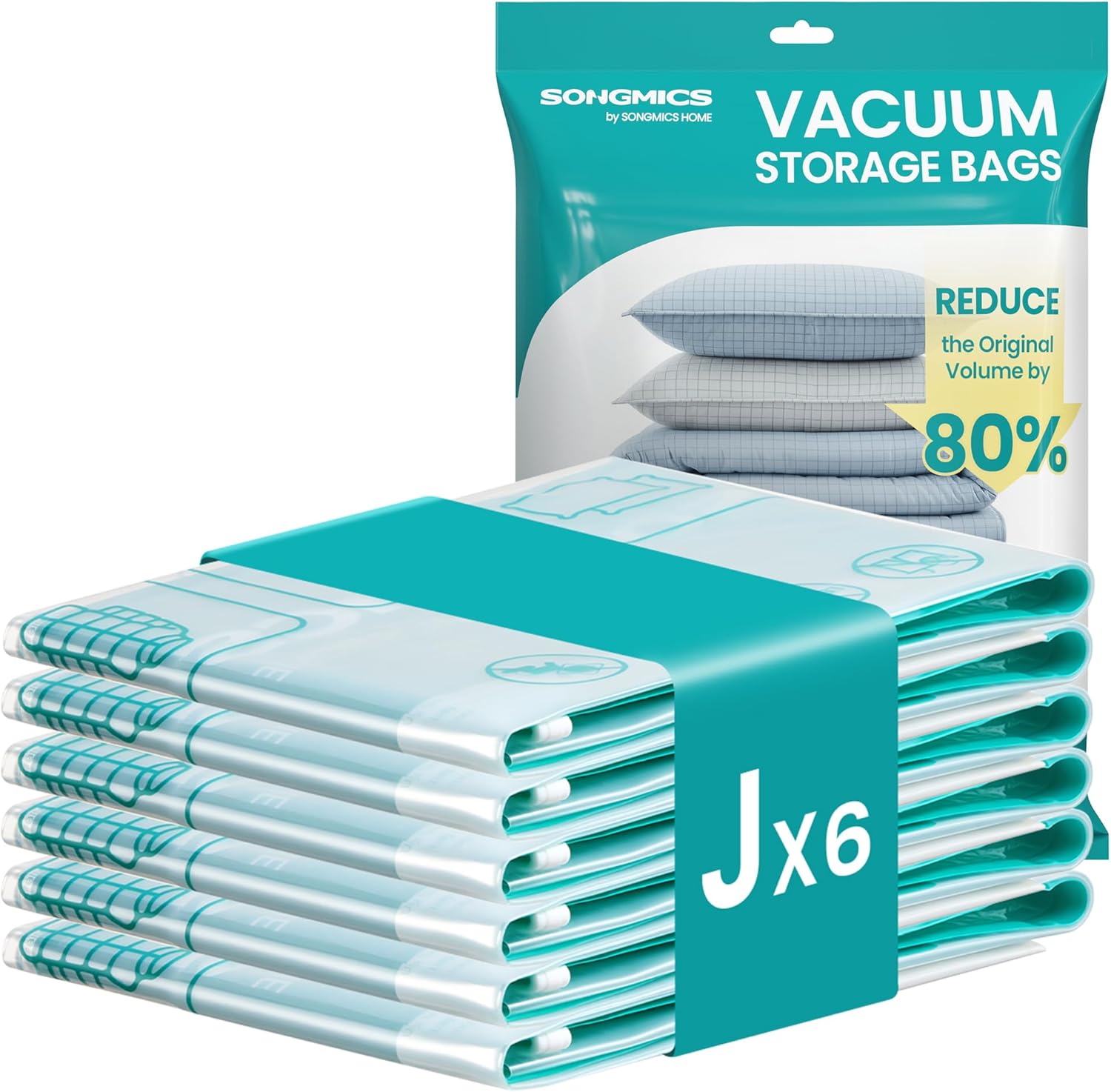 SONGMICS Bolsas de Almacenamiento al Vacío, Bolsa de Almacenaje para Ropa, Sábanas, Armarios y Viaje, Compactas y Reutilizables, Juego de 6, Tamaño J, Transparente LVB103W101