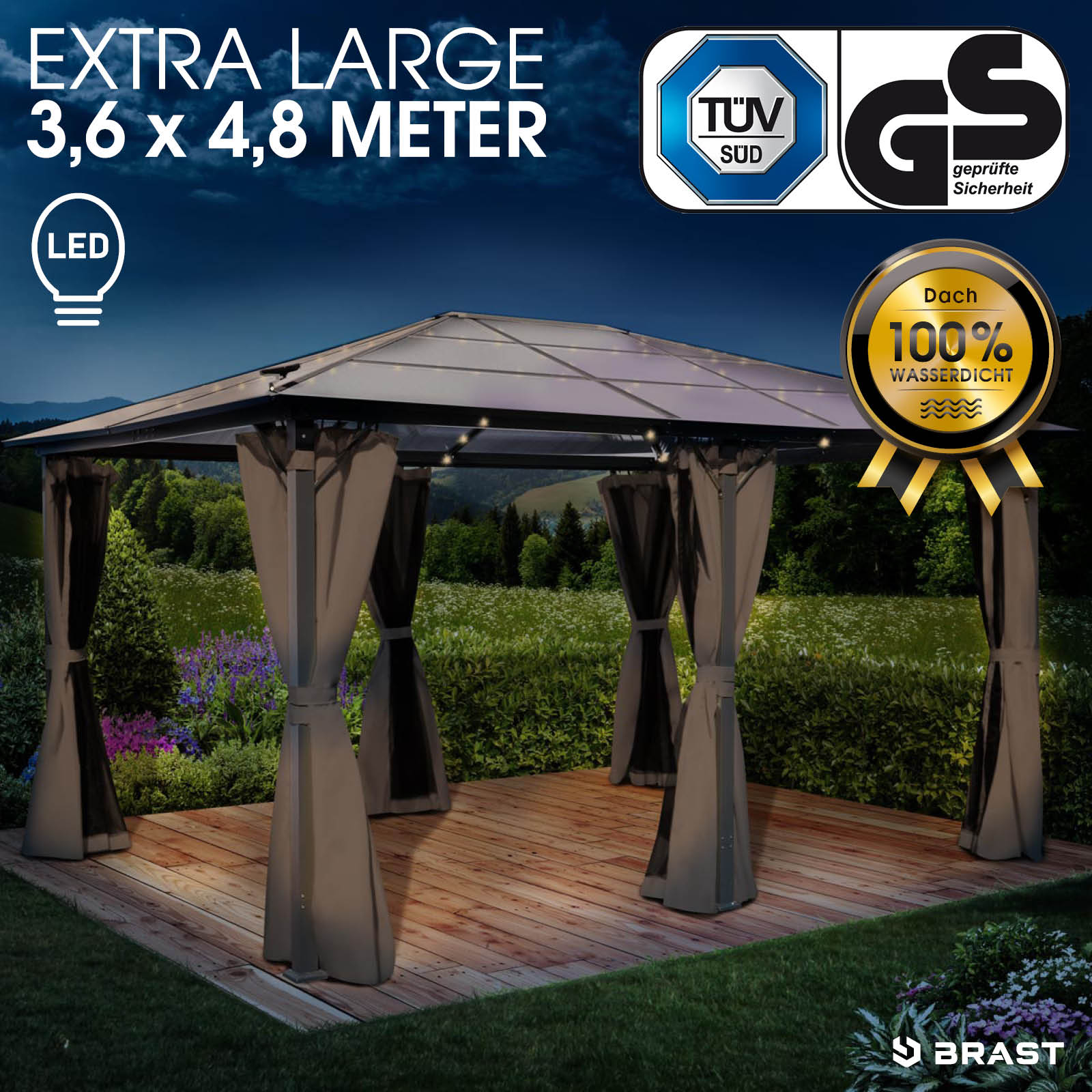 BRAST Alu-Pavillon PREMIUM 3.6x4.8m beige inkl. LEDs