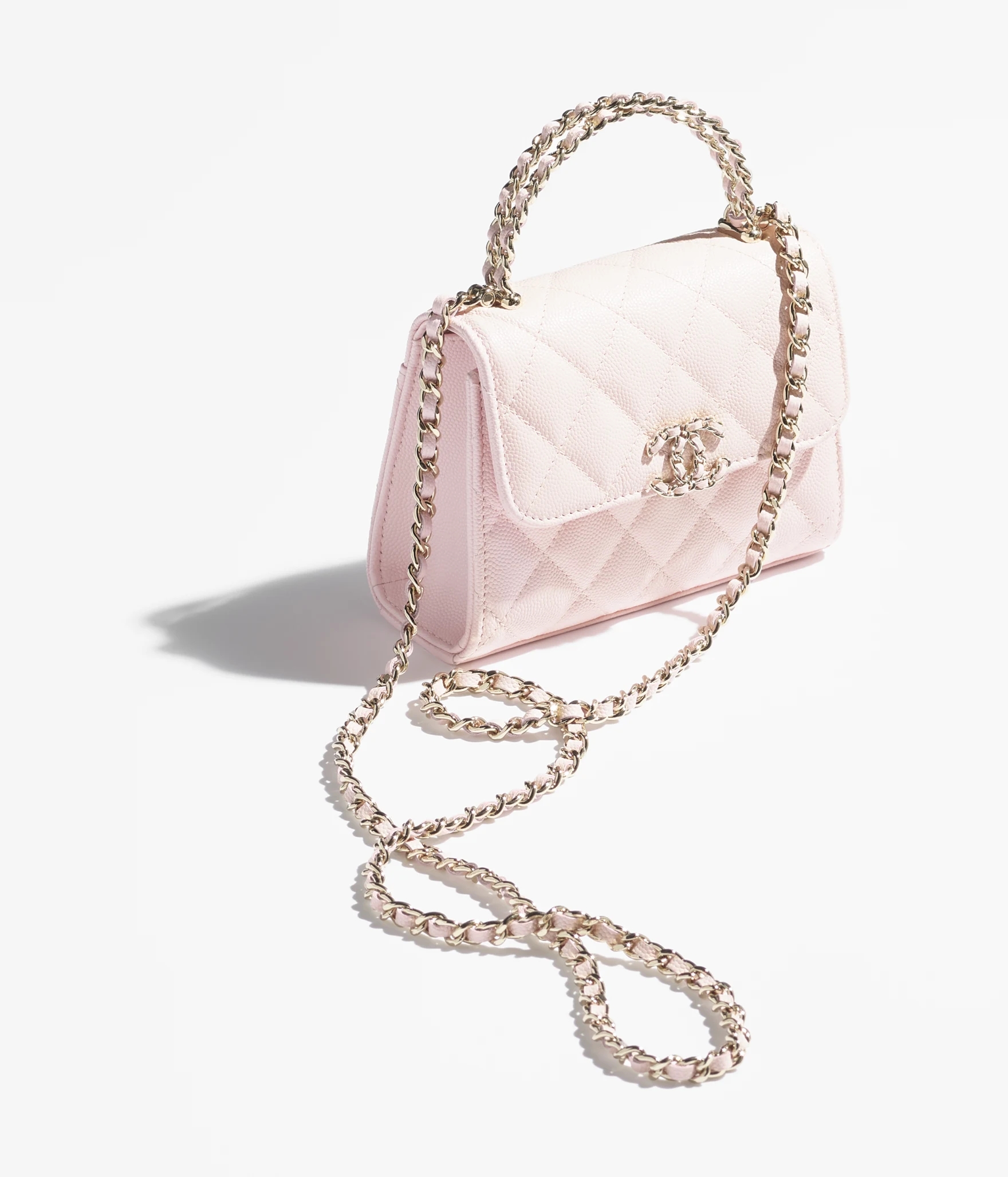 CLUTCH WITH CHAIN Grained Shiny Calfskin & Gold-Tone Metal Light Pink