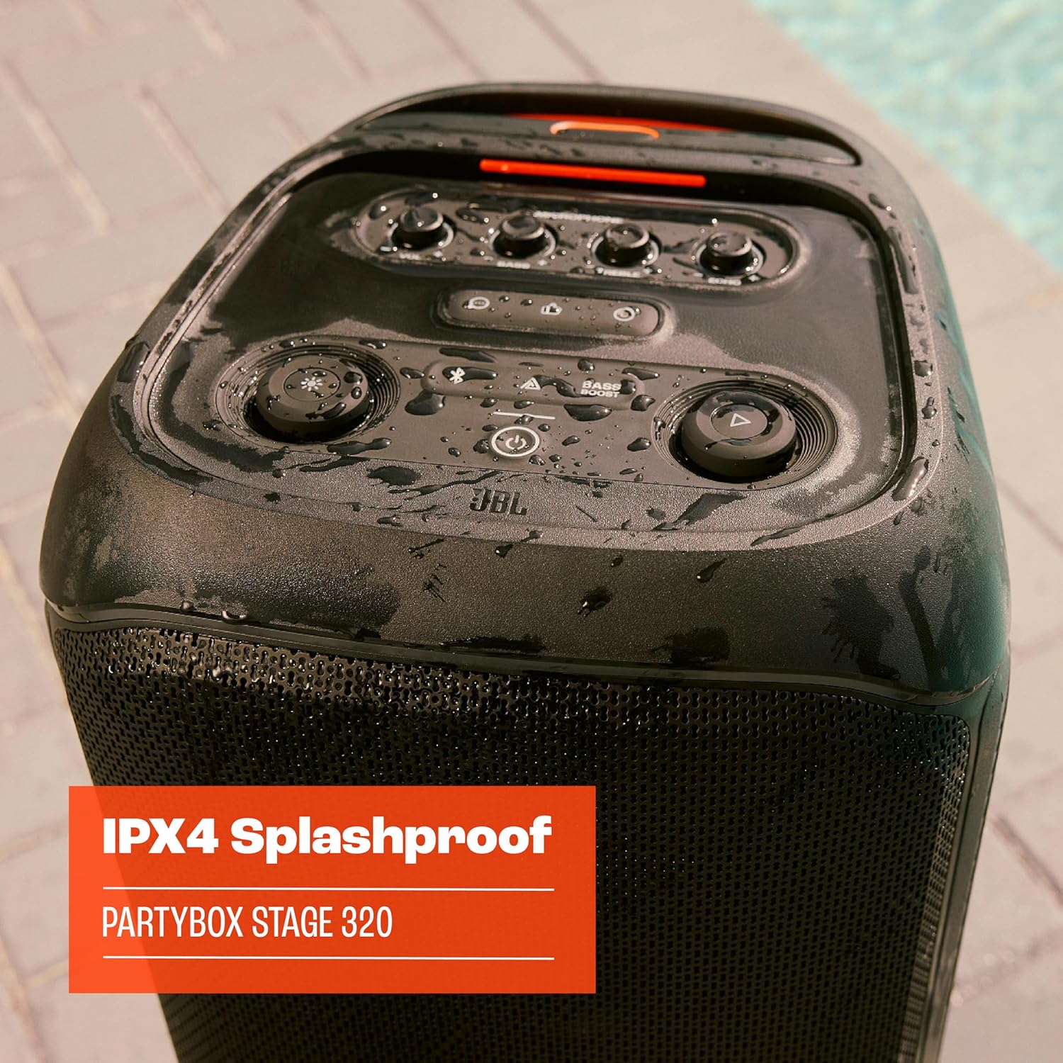 JBL PartyBox Stage 320 Portable Bluetooth Party Speaker with Wheels and Telescopic Handle. JBL Pro Sound. Splashproof Design. Light Show. AI Sound Boost. 18-Hour Playtime. Black