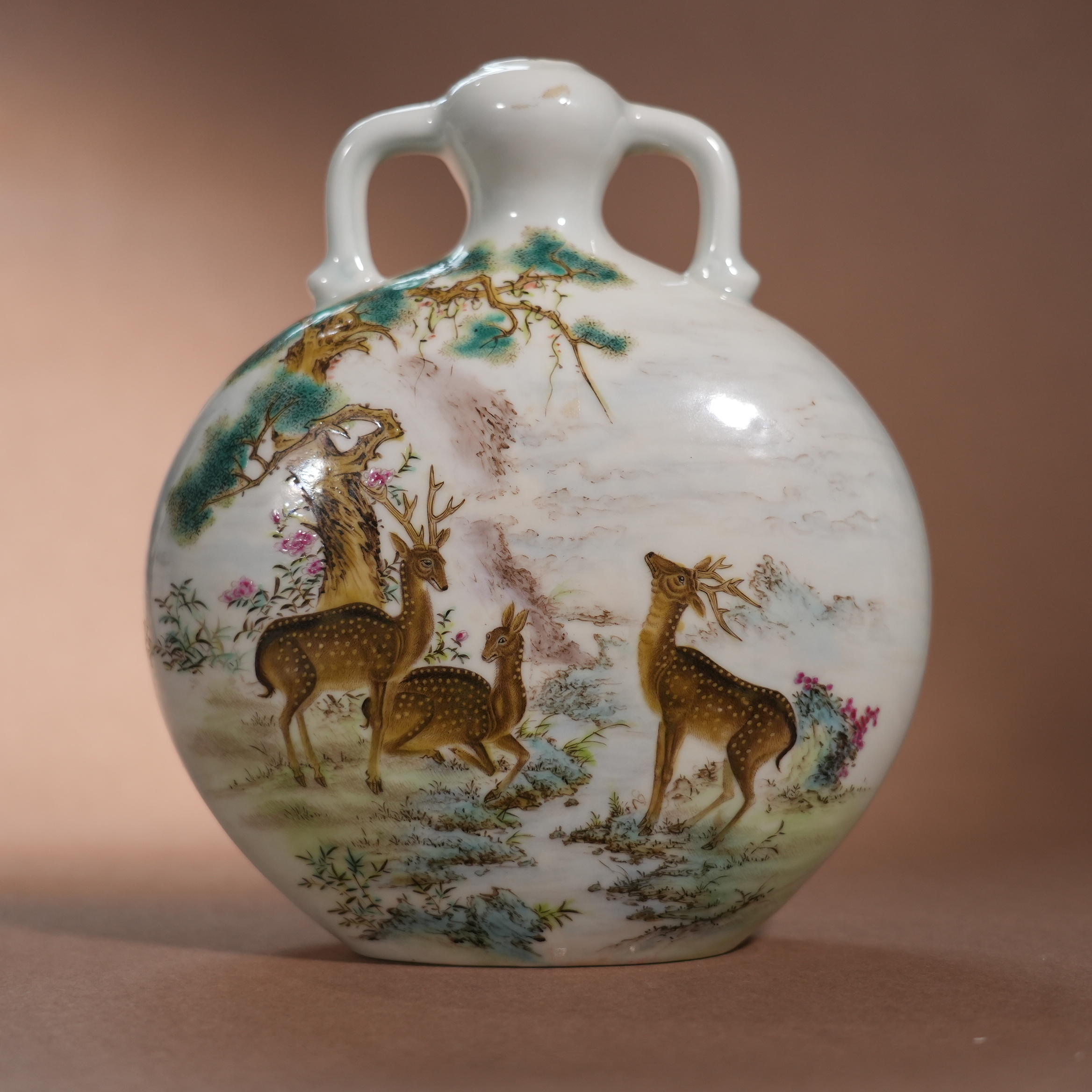 Ancient Chinese Famille Rose Flat Vase with Deer and Pine Motifs and Double Handles