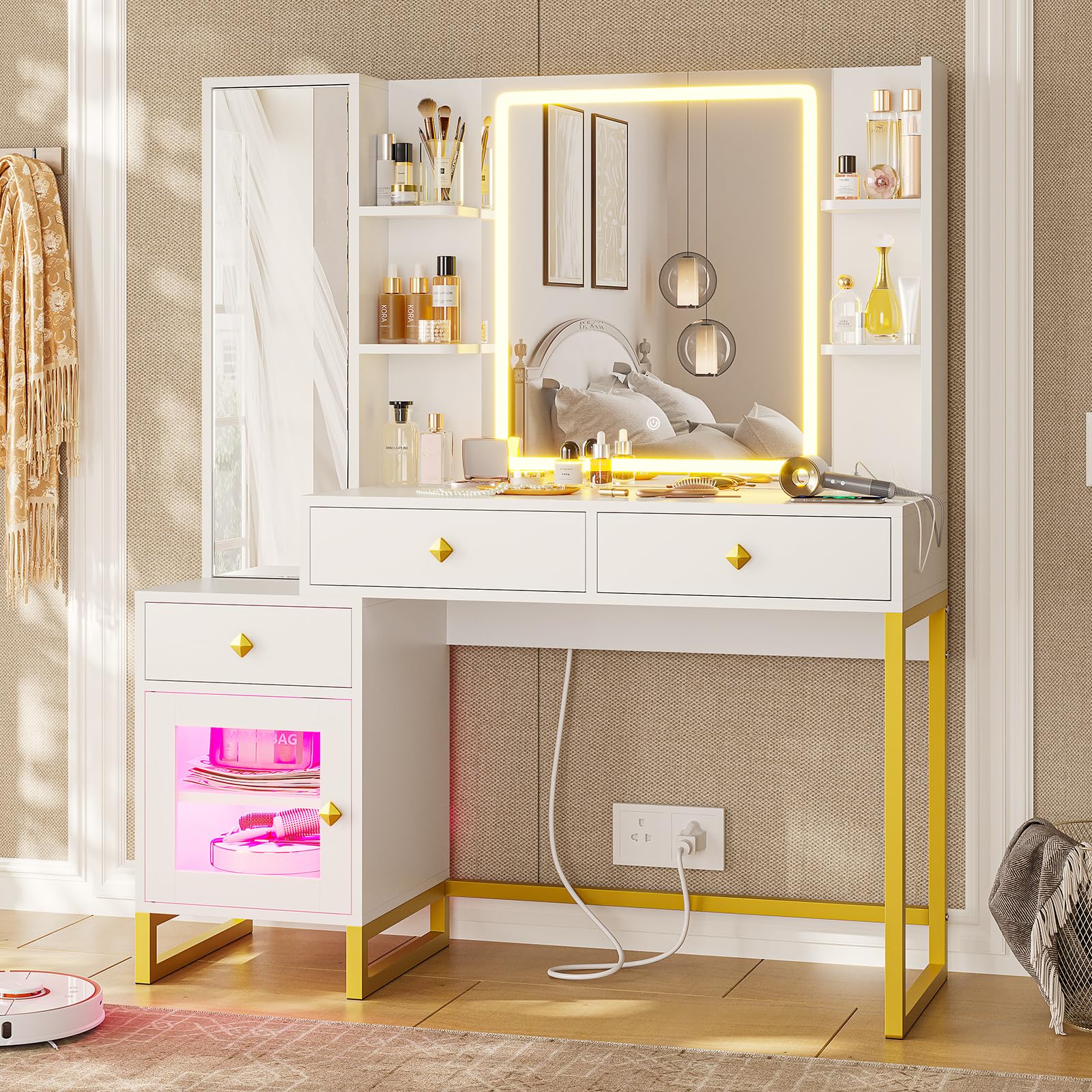 Afuhokles Vanity with Lighted Mirror and Charging Station. Makeup Table with Jewelry Armoire. Full Length Mirror. RGB Cabinet