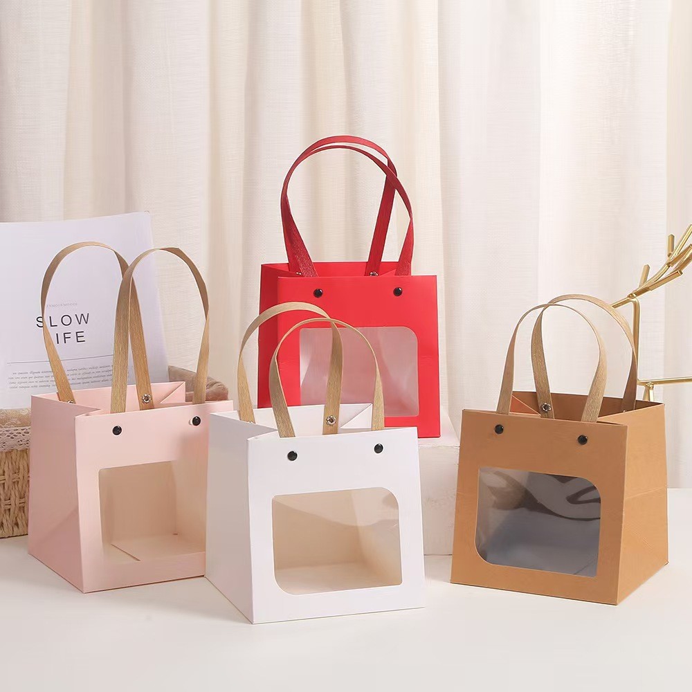 Creative Minimalist Square Paper Gift Bag, Smile Face Window White Card Handheld Bag, Flower And Festival Present Packaging Bag For Wholesale