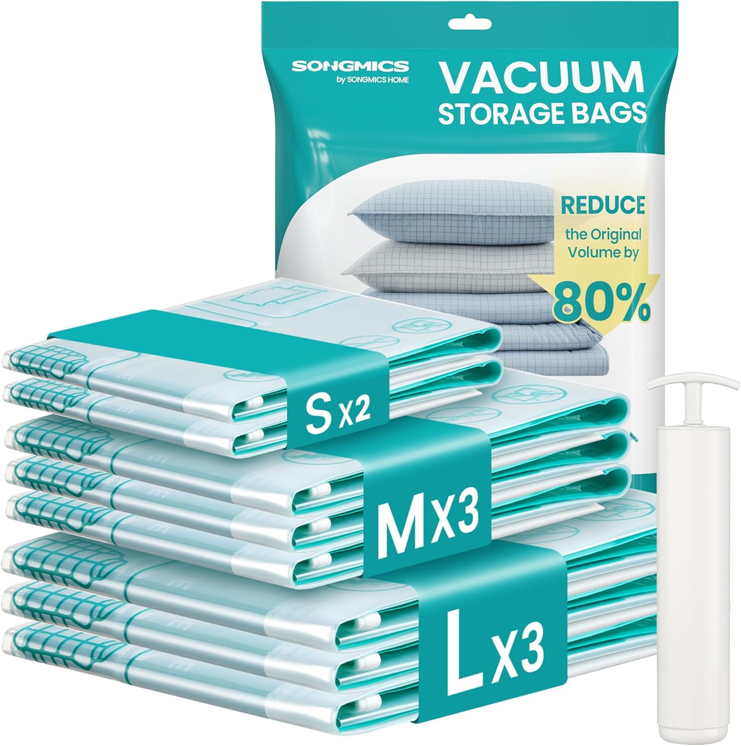SONGMICS Bolsas de Almacenamiento al Vacío, Bolsa de Almacenaje para Ropa, Sábanas, Armarios y Viaje, Compactas y Reutilizables, Juego de 6, Tamaño J, Transparente LVB103W101