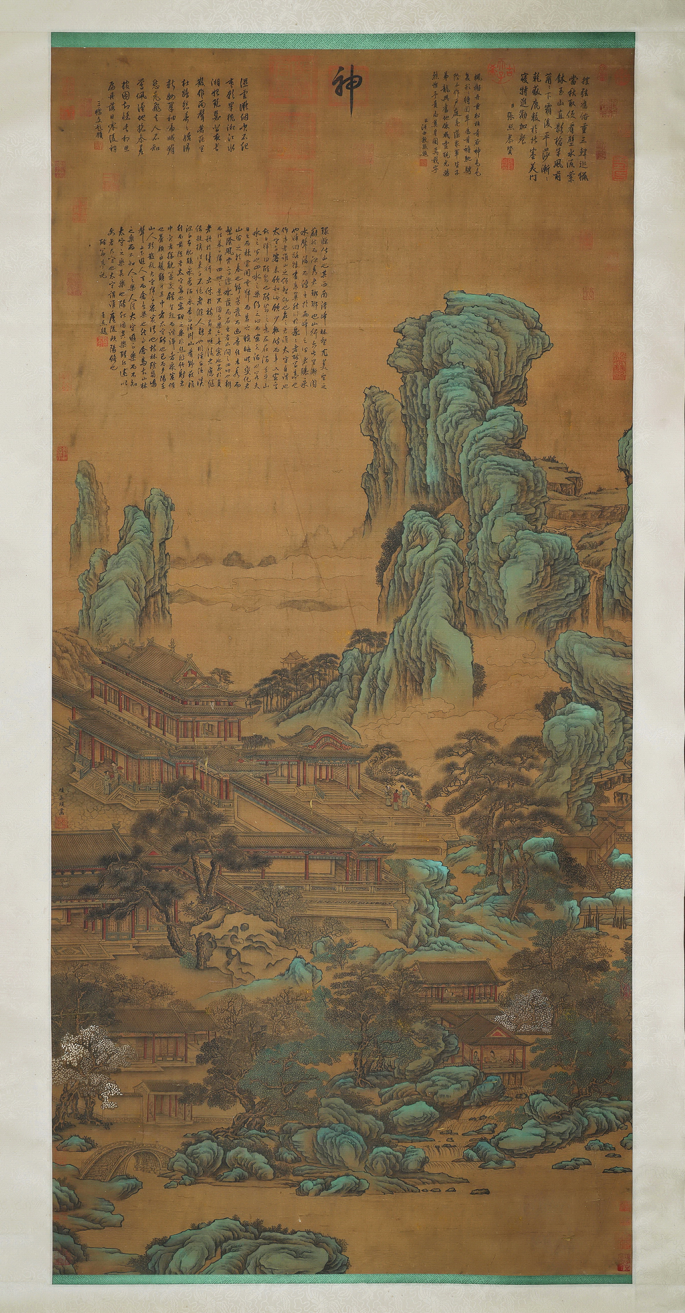 Zhao Mengfu Ancient Old Silk Painting *Green Mountains and Gorgeous Palace*, Vertical Scroll, Mounted, Colophons by Wen Peng, Wang Youdun, Zhang Zhao, Wang Jie et al., Bright Vibrant Colors, Complete Ancient Collection Seals, Large Size, Painting Cor