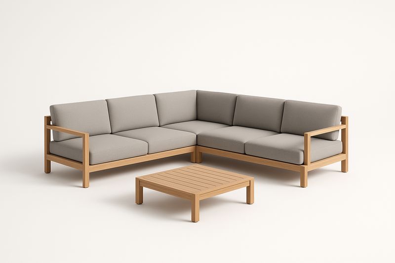 Divano Angolare in Legno e Tessuto Grigio Chiaro