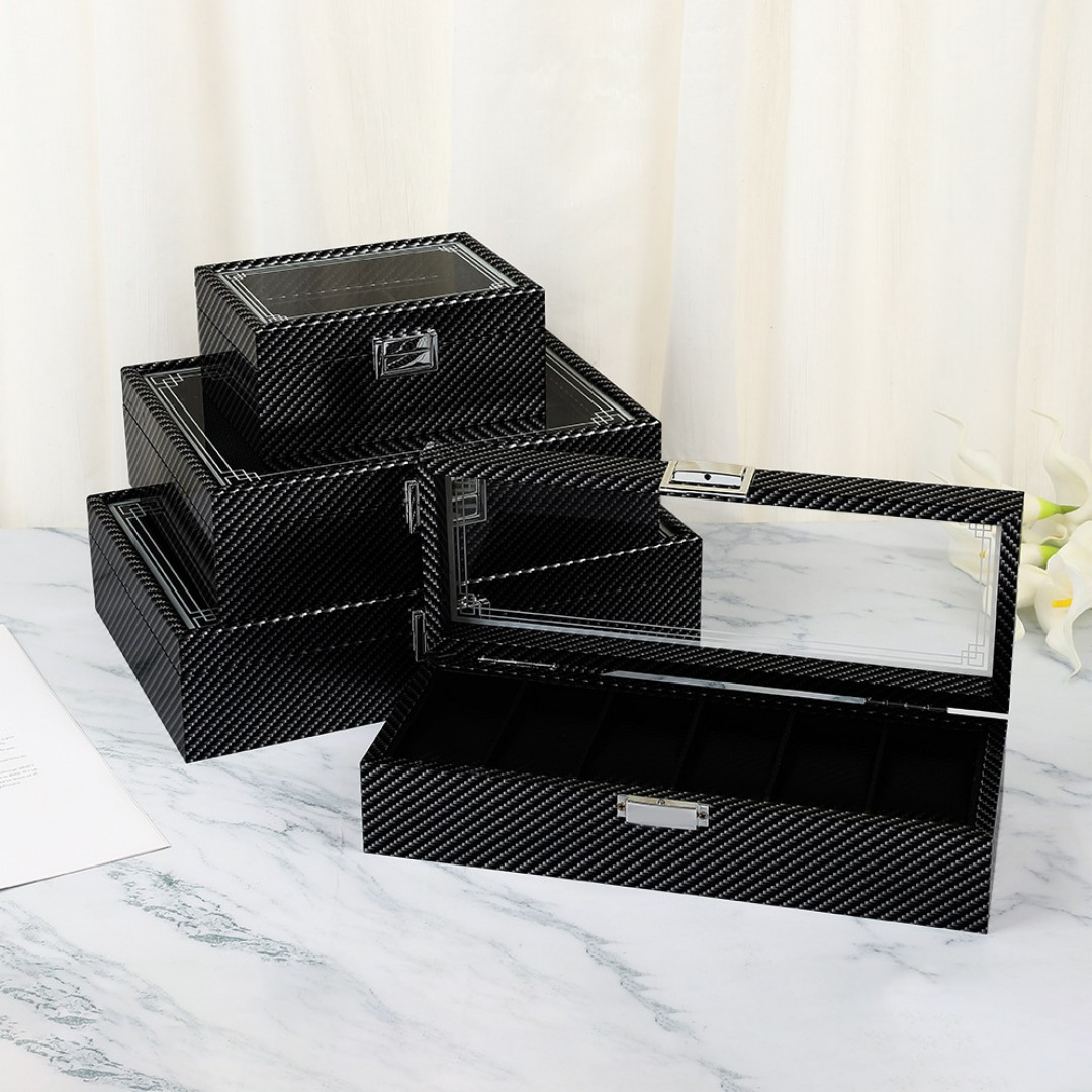 Wholesale High-Gloss Carbon Fiber Watch Storage Box Wristwatch Bracelet Display Case Walnut Wooden Collectibles Storage Box custom logo