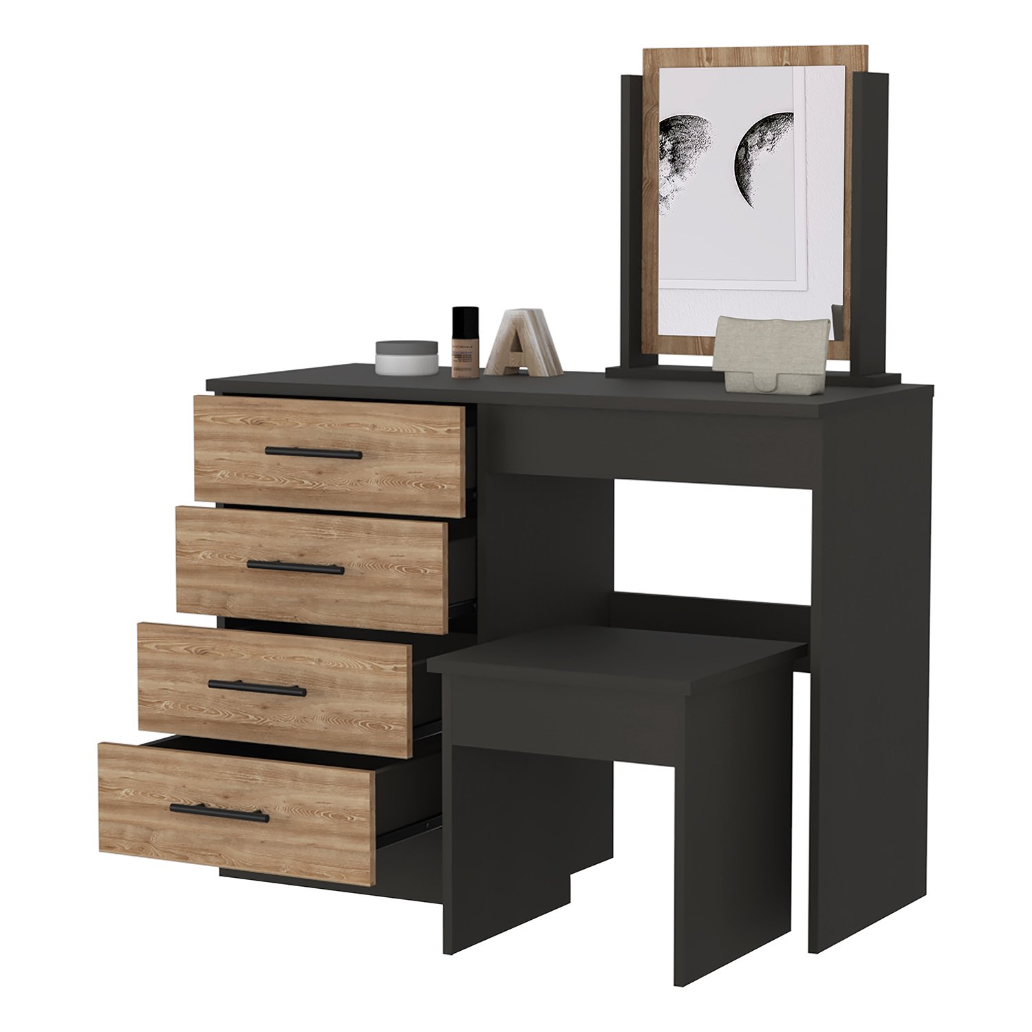 Kadyn 4-Drawer Makeup Dressing Table. Makeup Vanity Set with Stool