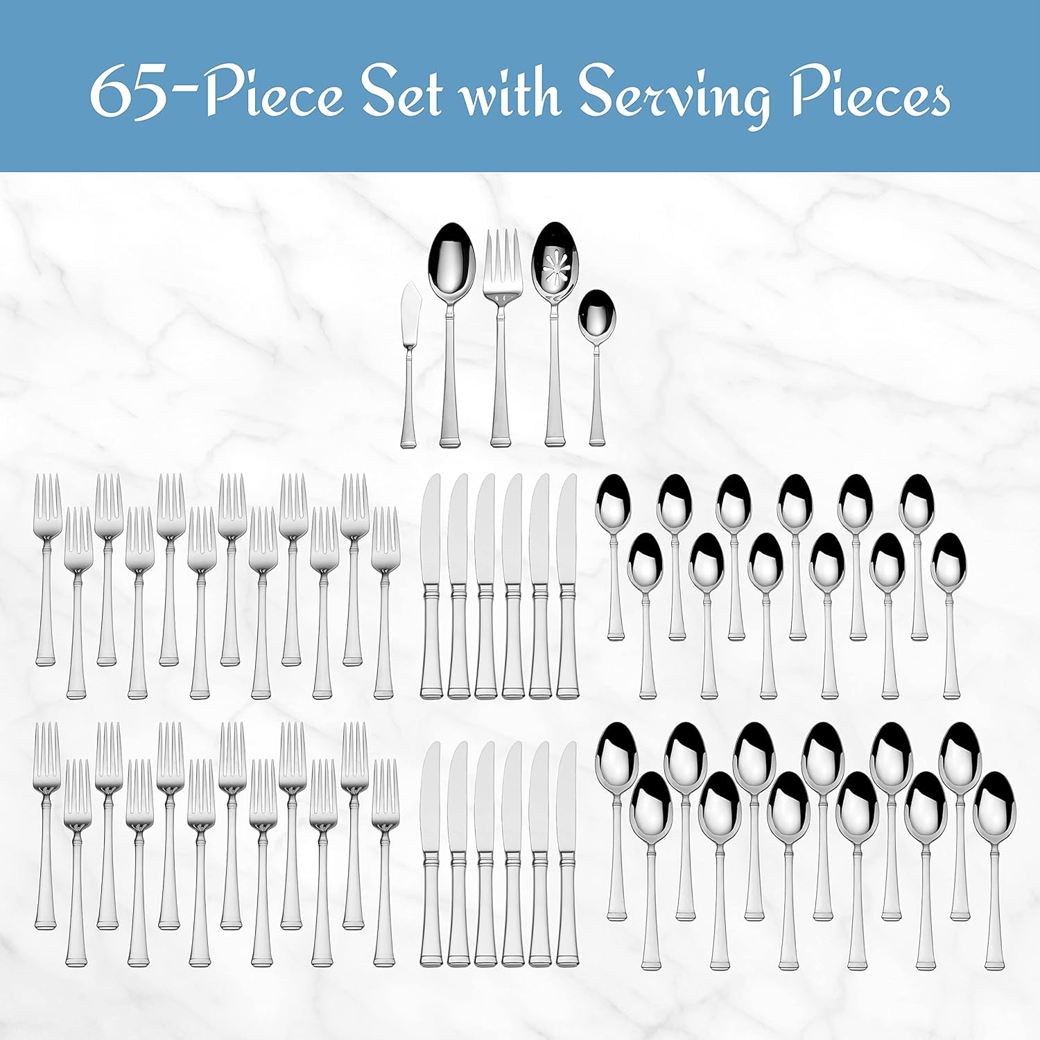 Mikasa Harmony 65-Piece Flatware Set for 12. 18/10 Stainless Steel Silverware with Forks. Knives. Spoons. and Serving Utensils. Elegant Design