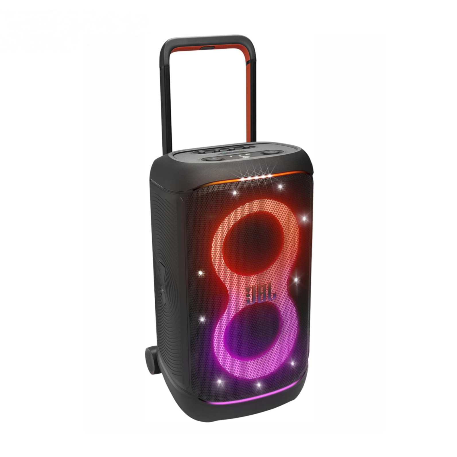 JBL Partybox 520. Wireless Bluetooth Party Speaker. 15H Playtime. Portable Design. Dynamic Light Show. IPX4 Splashproof. Multi-Speaker Connection. AI Sound Boost. Microphone Input. Black