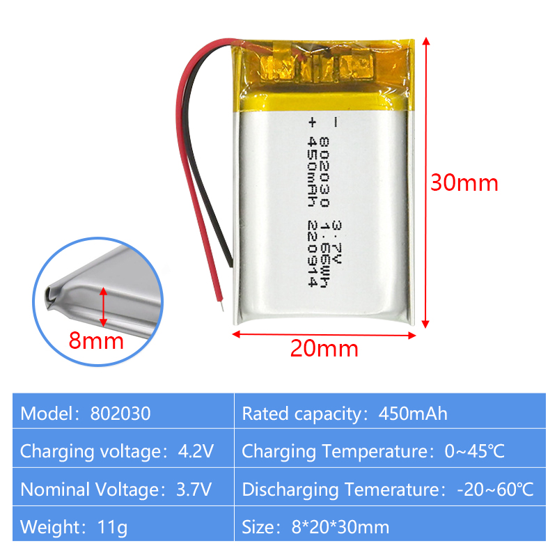 Pouch Lithium Ion Batteries 801435 802030 3.7v 400mAh 450mAh