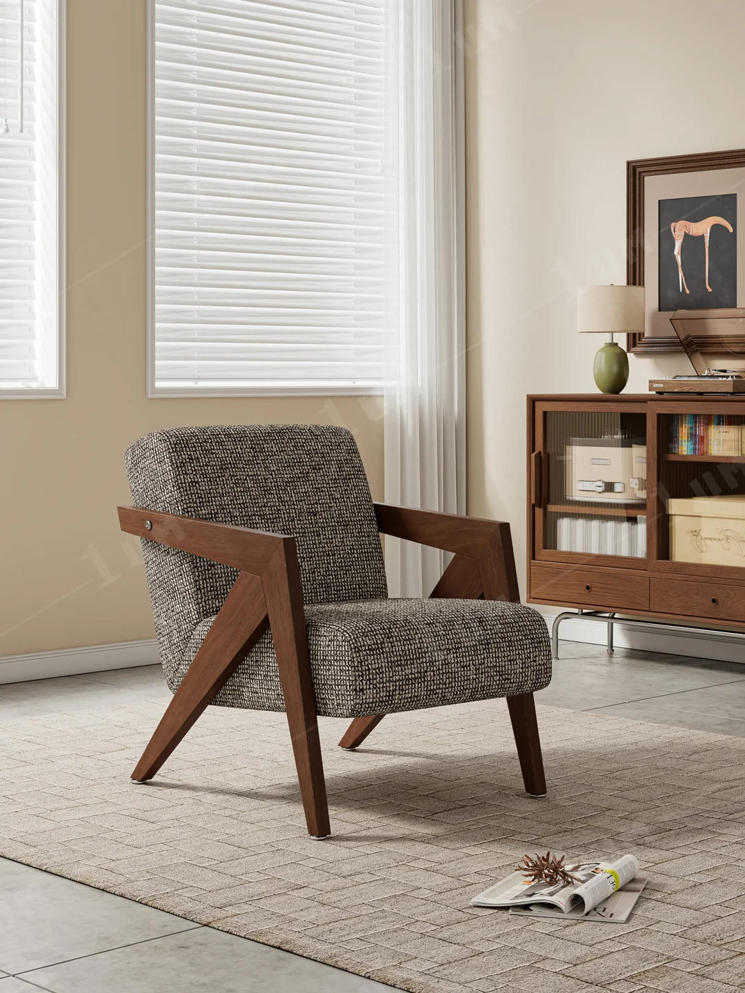 Vintage Style Wooden Frame Armchair, Ergonomic Leisure Chair for Coffee Shop, Reading Nook & Guest Room