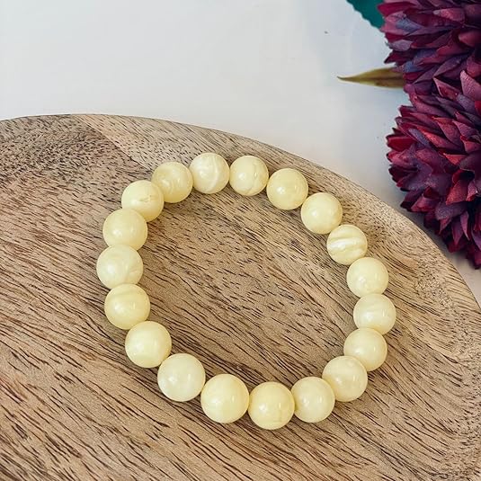 TESA10-Milky White Baltic Amber Beaded Bracelet – Natural Amber Stretch Bracelet