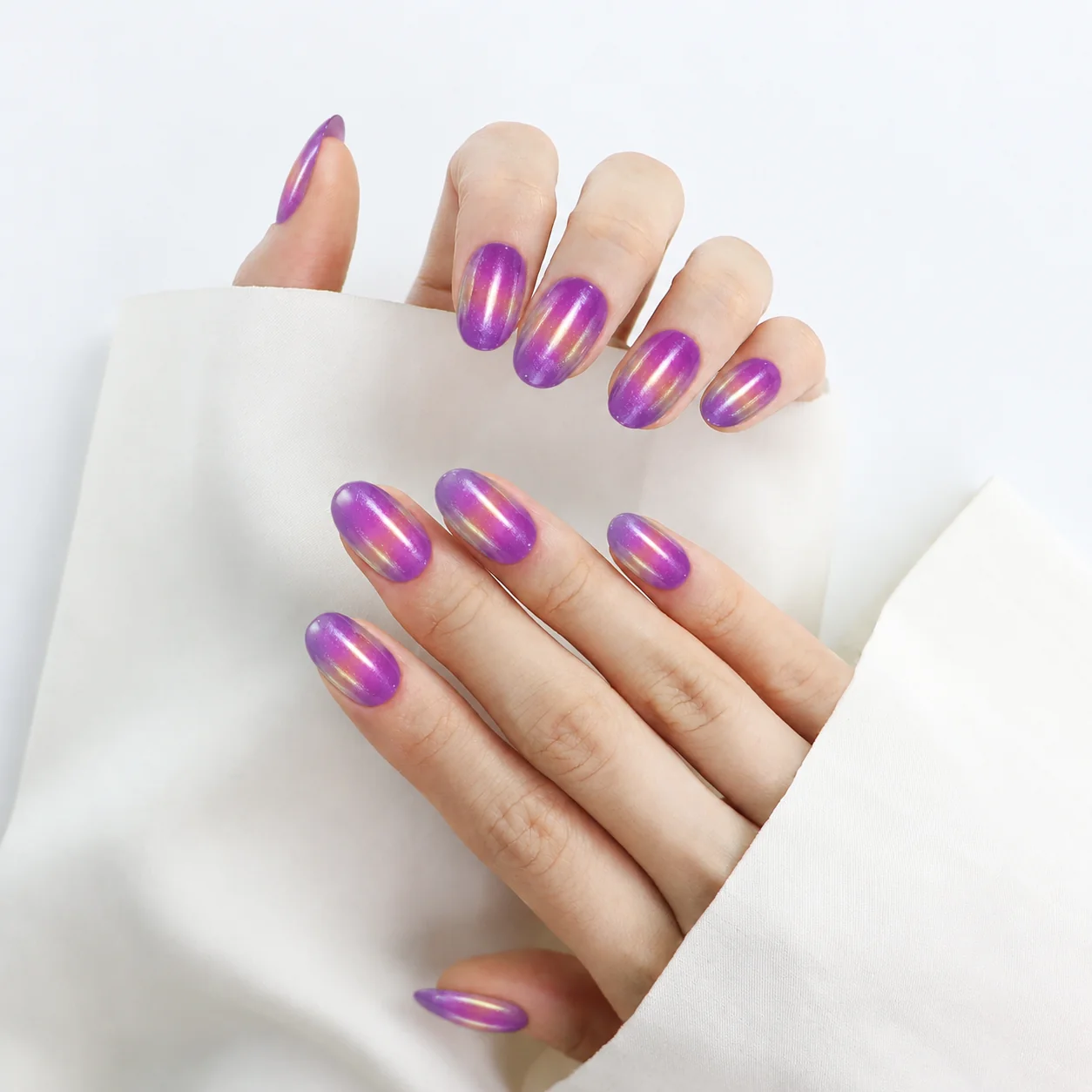 Purple gold gradient press on nails with metallic shine