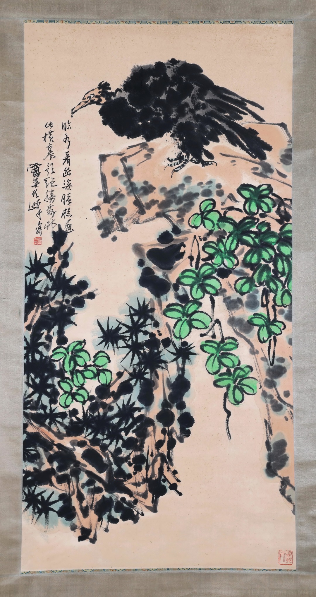 Pan Tianshou Chinese Painting Bald Eagle in Mountain Stream, Vertical Scroll, Exquisitely Mounted, Painting Core Size 136×68CM