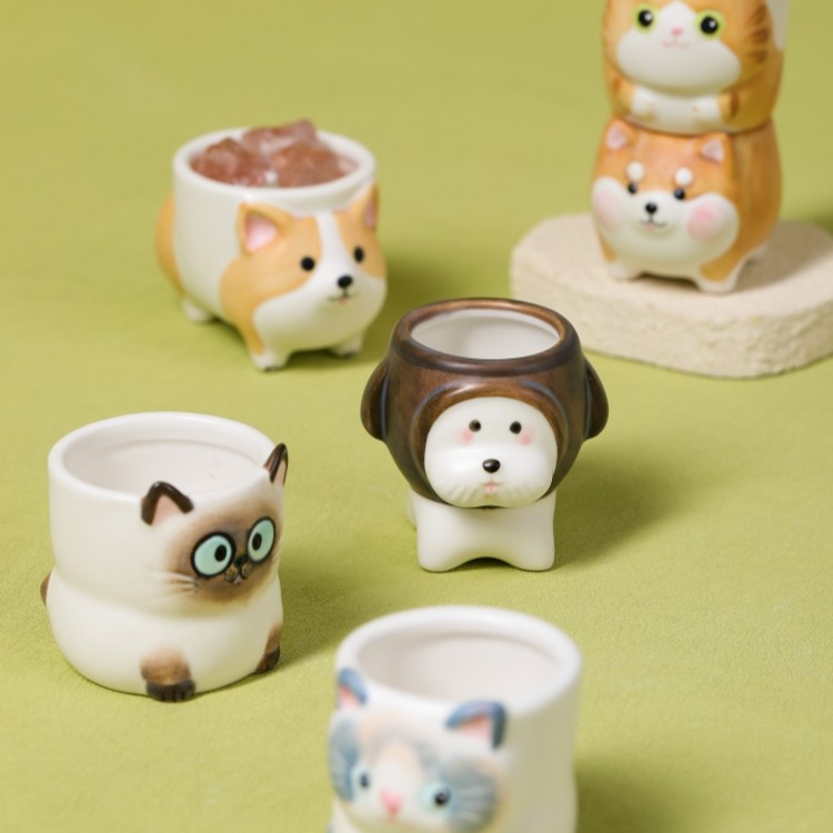 Handmade Cute Animal Ceramic Mini Cups, Cat & Dog Shaped Tea Cups Set