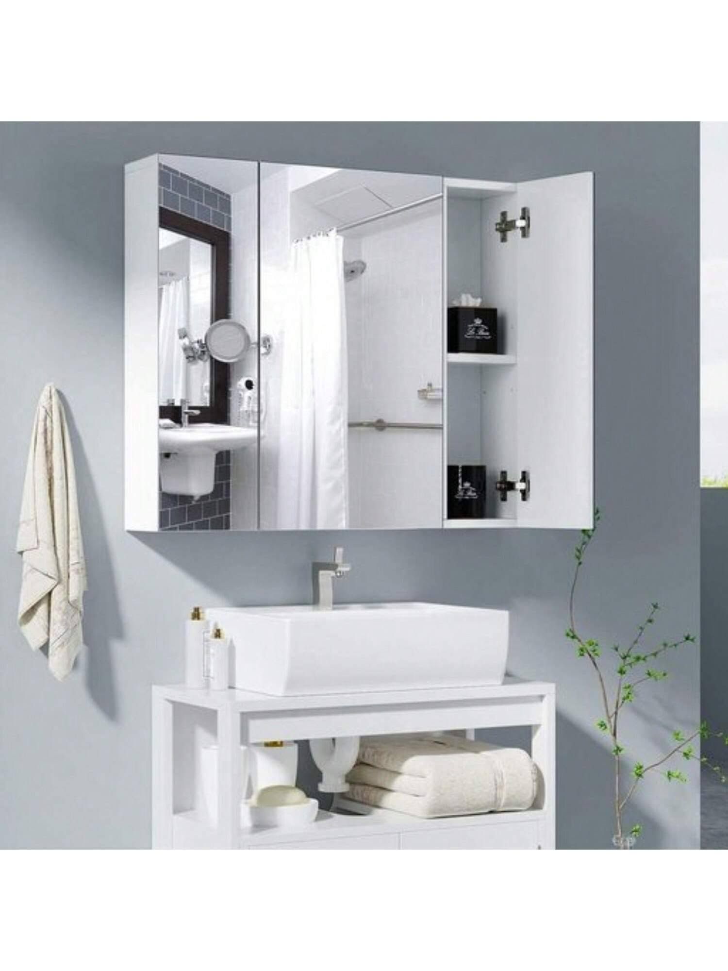 Furchen Armadietto a Specchio per Bagno,Specchiera Bagno,Mobilettto bagno con Specchio e 3 Ante,Riapiani Regolabili 70x15x60cm Bianco,