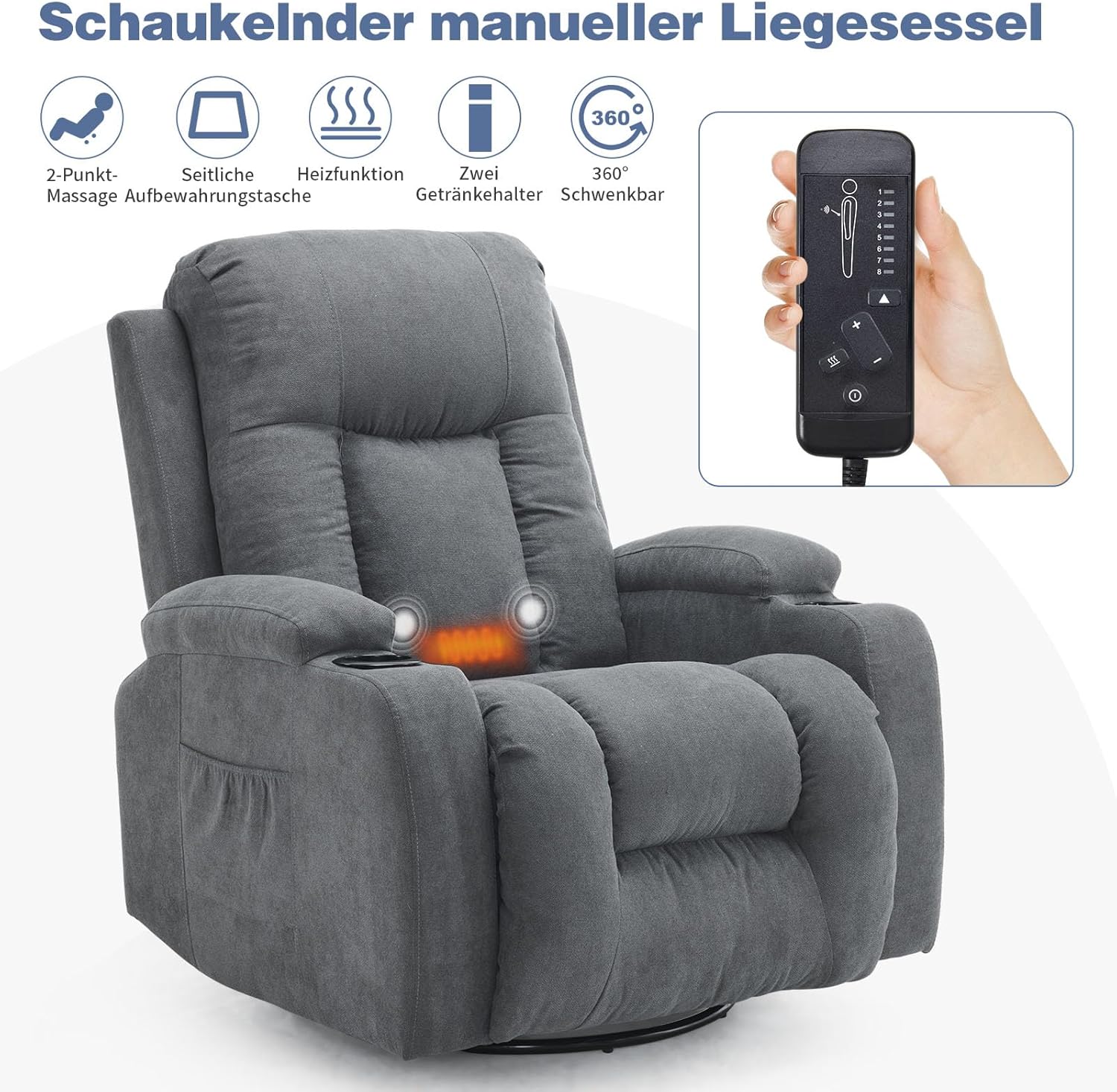 TV armchair 360° rotating relaxation chair. electric massage lounge chair. massage. heating. 2 side pockets and drink rack. TV armchair lounge chair position
