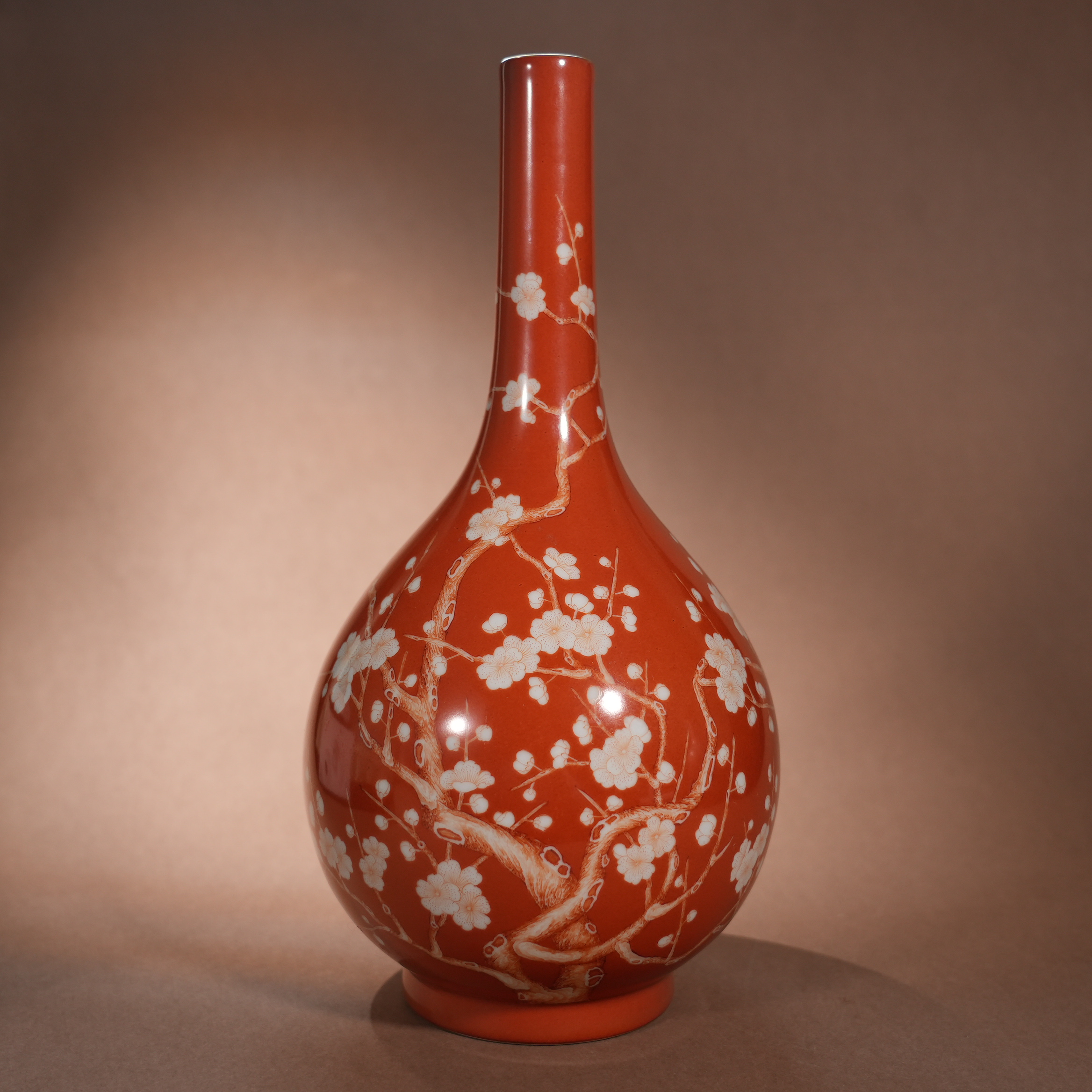 Ancient Chinese Coral-Red Ground Vase with Plum Blossom Motifs (Dan Ping Shape)