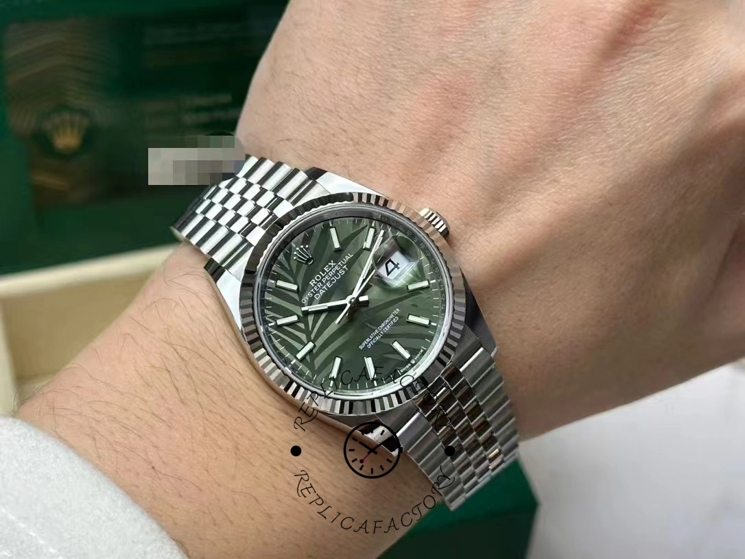 Rolex Datejust 36mm Fluted Bezel Green Palm Index Dial Jubilee 126234 0047