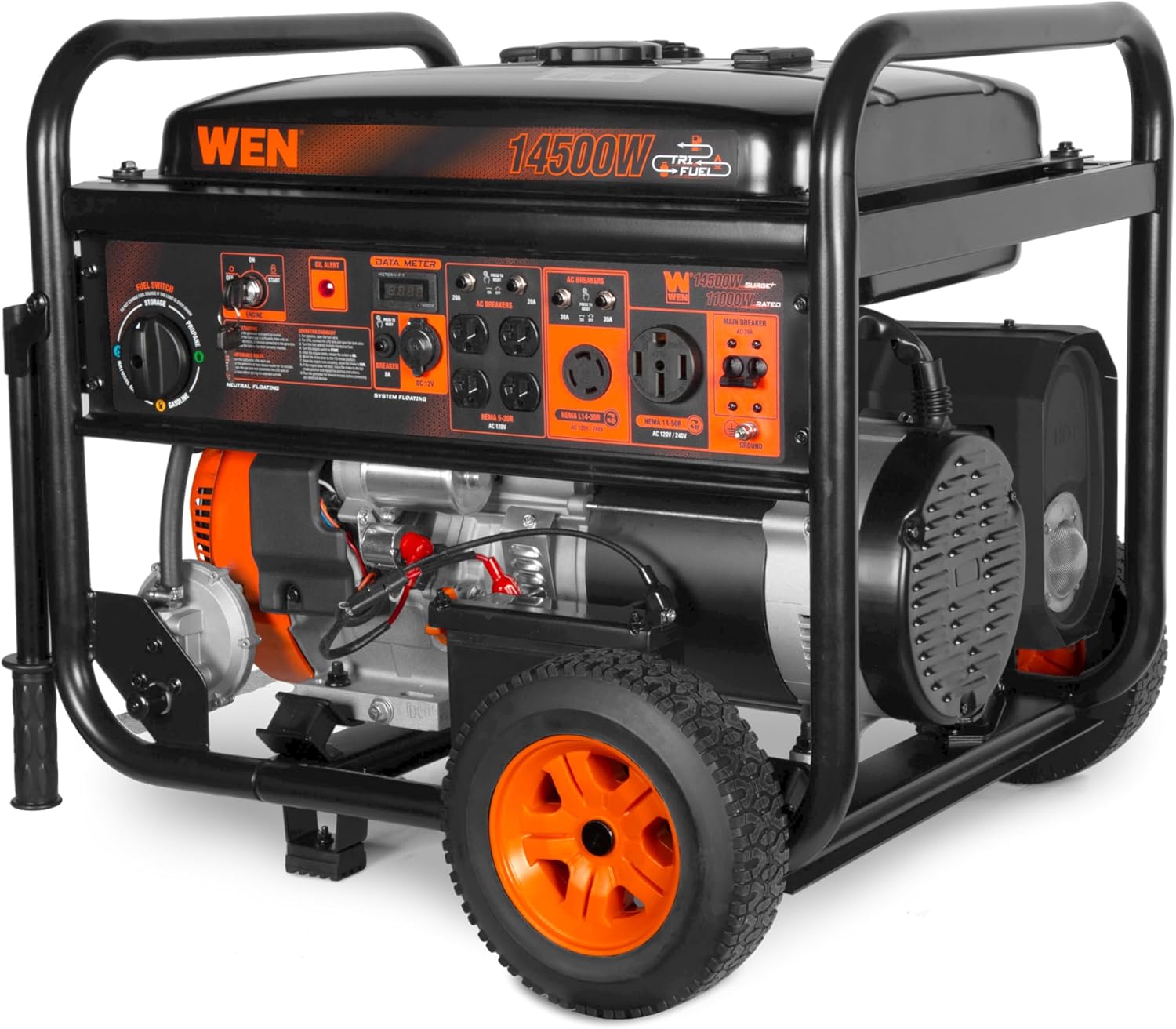 WEN 14.500-Watt 120V/240V Tri-Fuel Generator for Gas. Propane. and Natural Gas. Transfer-Switch Ready with Electric Start and Wheel Kit (TF1450)