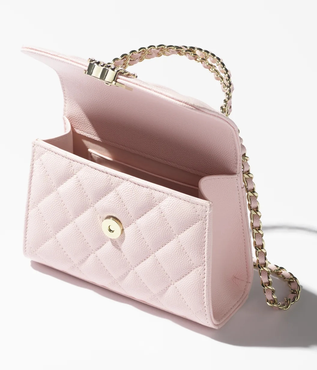 CLUTCH WITH CHAIN Grained Shiny Calfskin & Gold-Tone Metal Light Pink