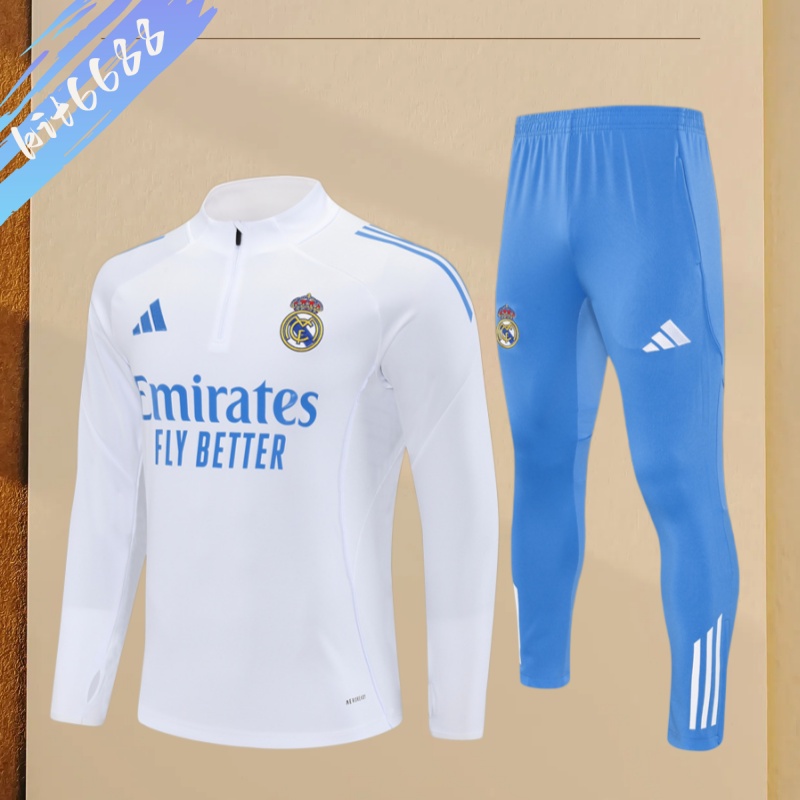 25/26 Real Madrid White paired with light blue Half Zip Training Kit (Adult Kids Kit)