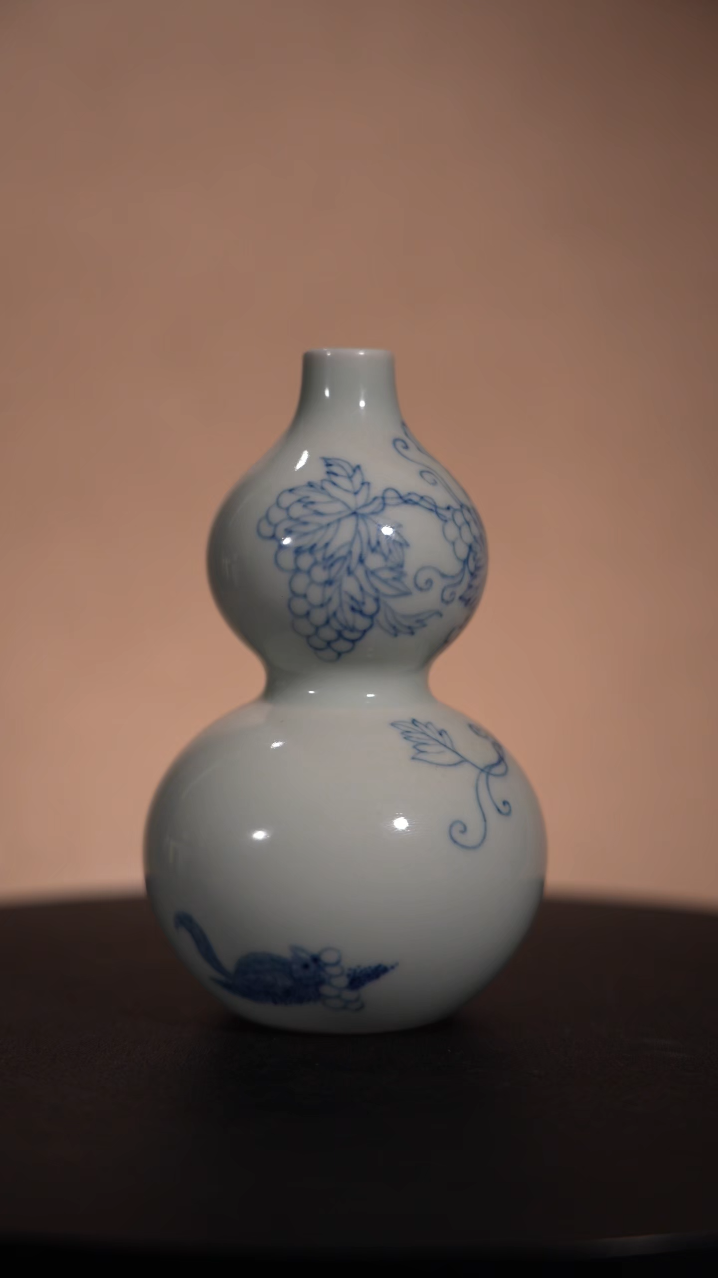 Ancient Chinese Blue and White Squirrel and Grape Gourd Vase