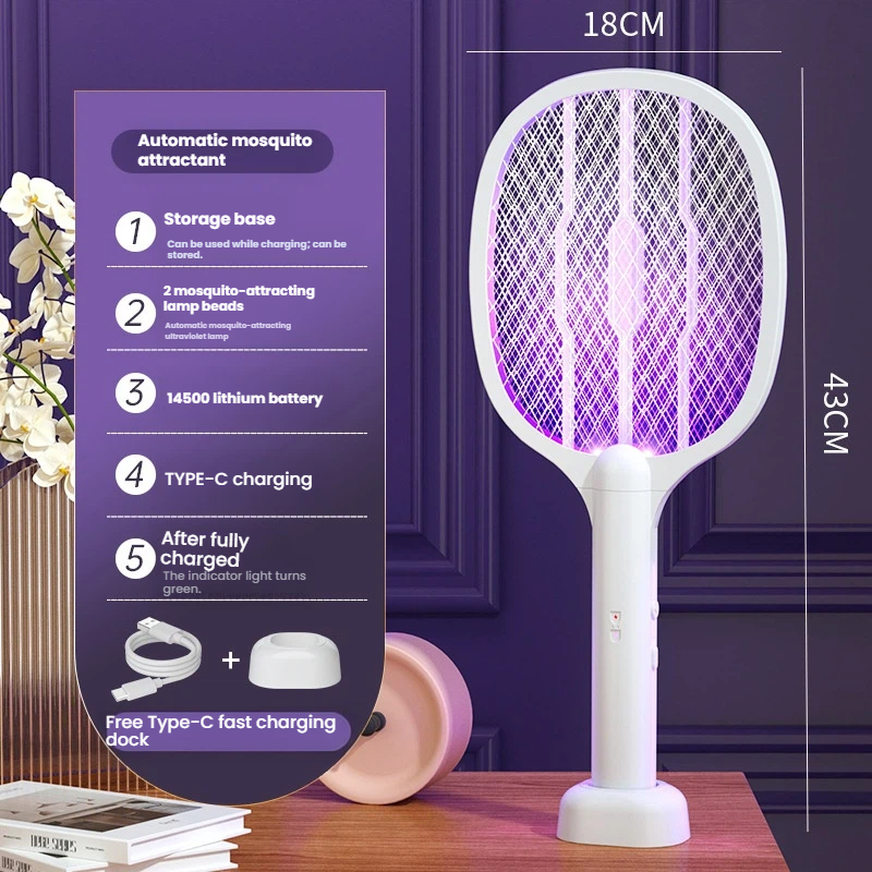 New Folding Electric Mosquito Swatter, Rechargeable Lithium Battery High-Power Electric Shock Mosquito Killer Lamp