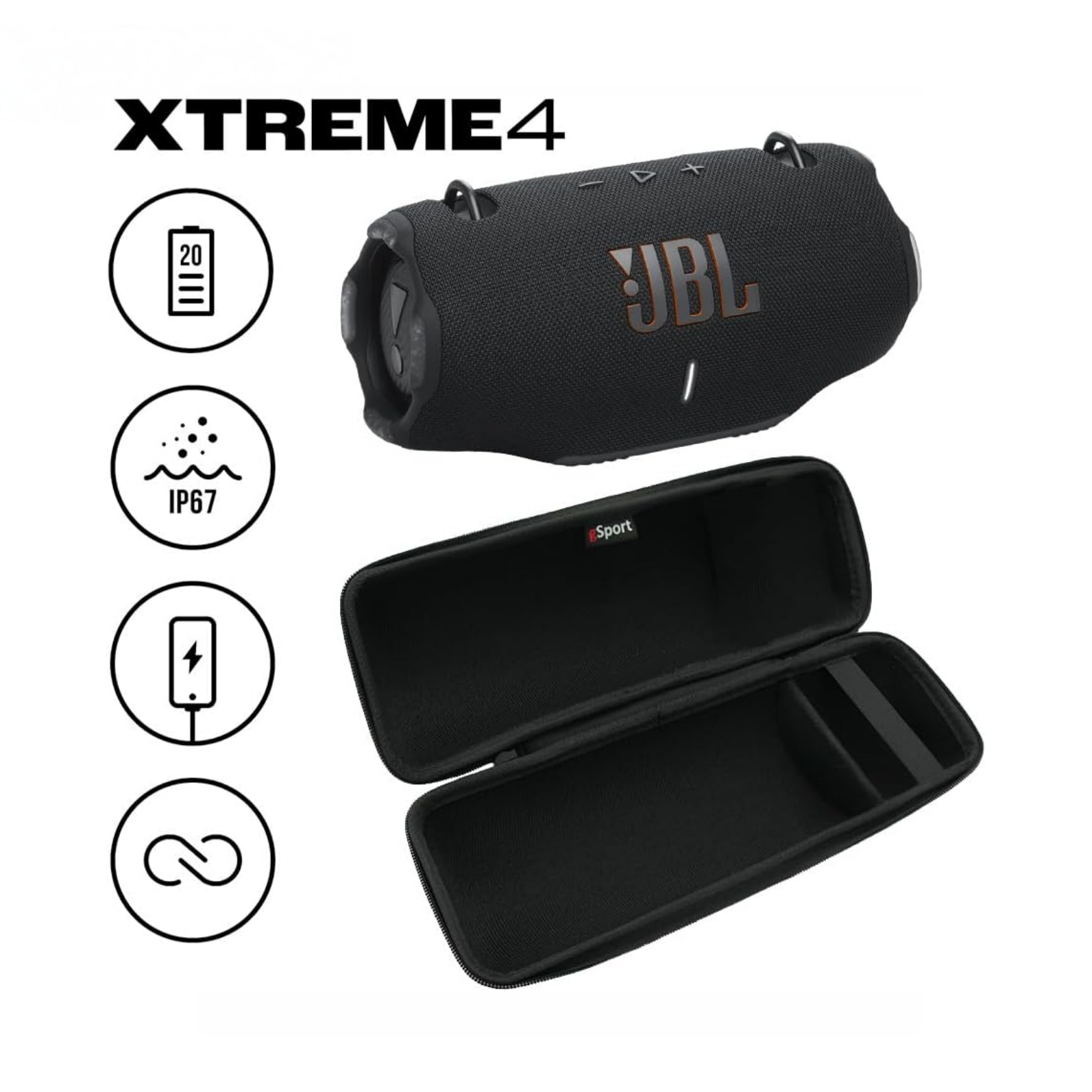 JBL Xtreme 4 Bluetooth Speaker Bundle with Shoulder Strap and gSport Case (Black)
