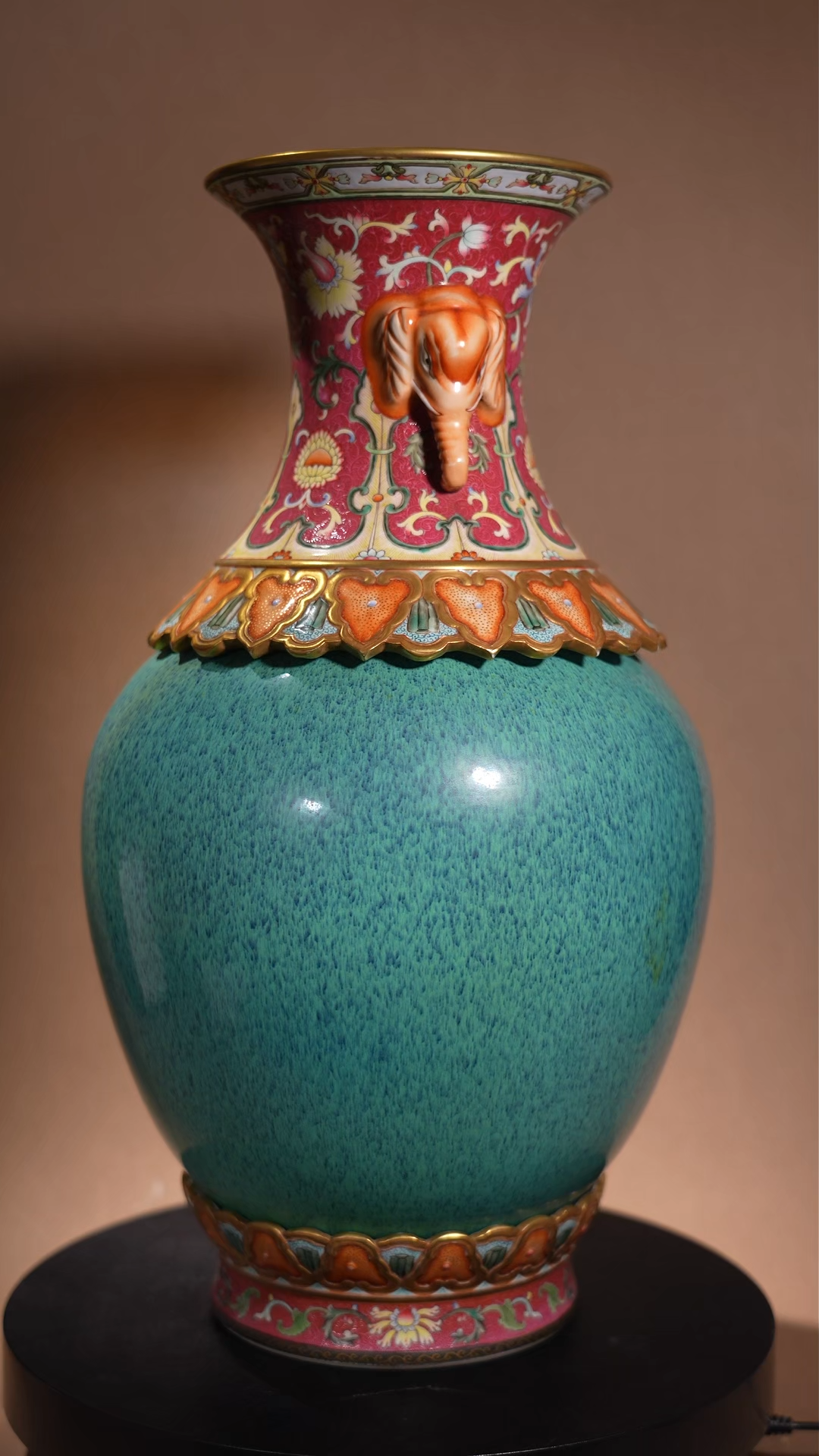 Ancient Chinese Famille Rose and Jun-Glazed Double Gourd Vase with Elephant Handles