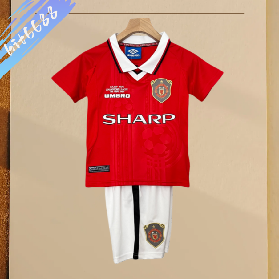 99/00 Manchester United home ground Retro Football Soccer Kids Kit