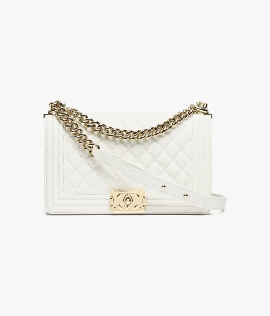 BOY CHANEL Handbag Grained Calfskin & Gold-Tone Metal White