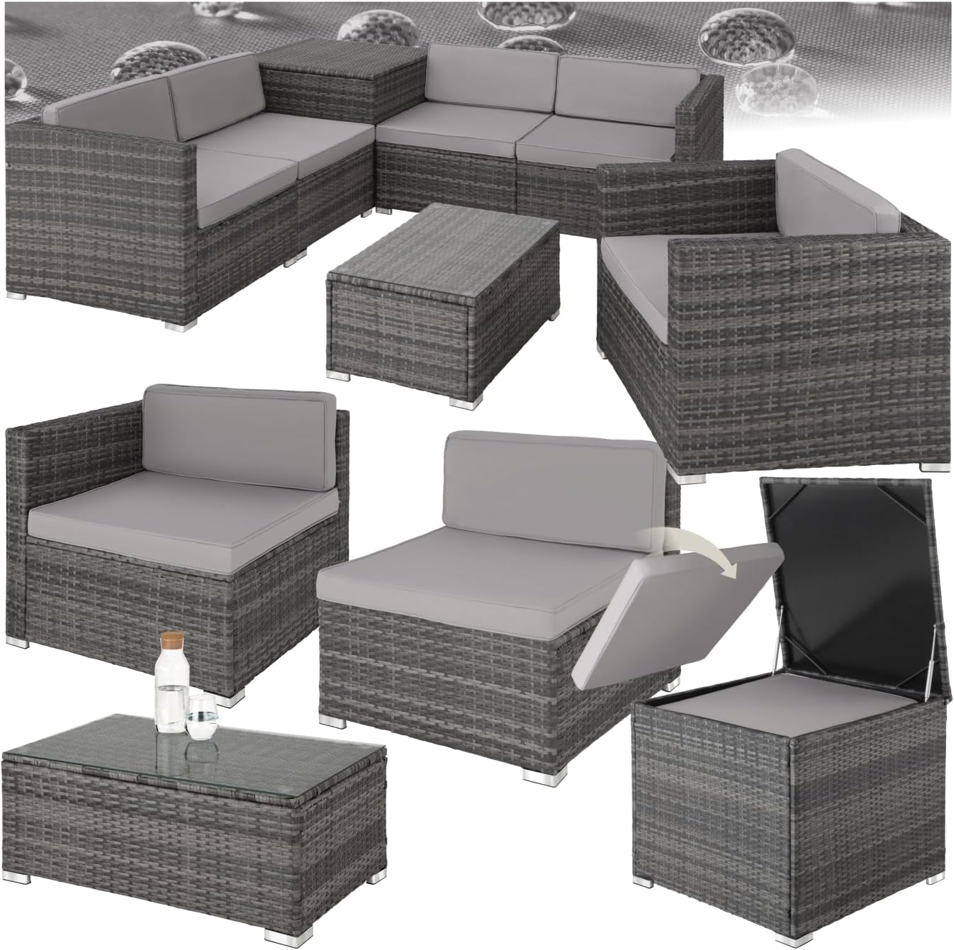 TecTake Polyrattan Seating Group with Storage Box for Upholstery. Table with Glass Top. Freely Groupable Garden Furniture Set. Rattan Lounge for the Garden – Balcony Furniture. Balcony Furniture. Small Balcony
