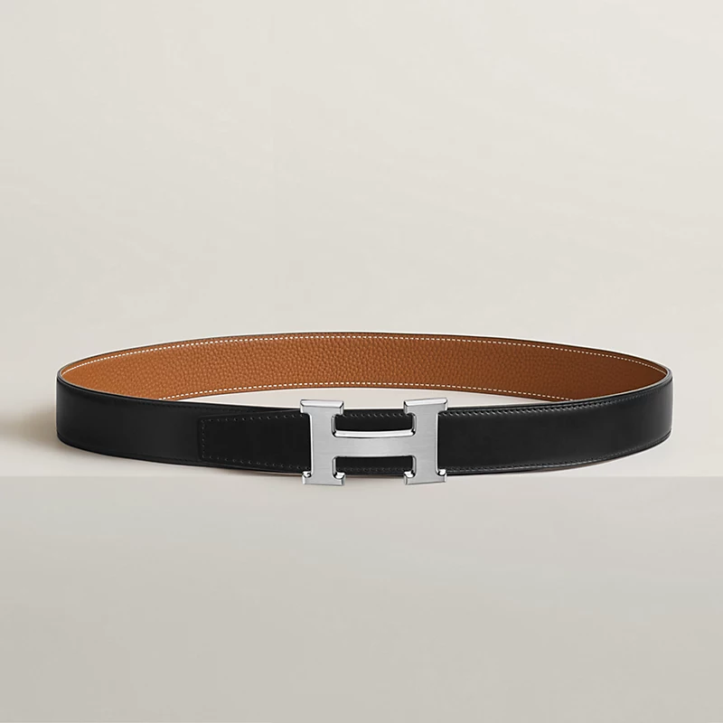 H belt buckle & Reversible leather strap 32 mm Buckle H gris moyen noir / gold
