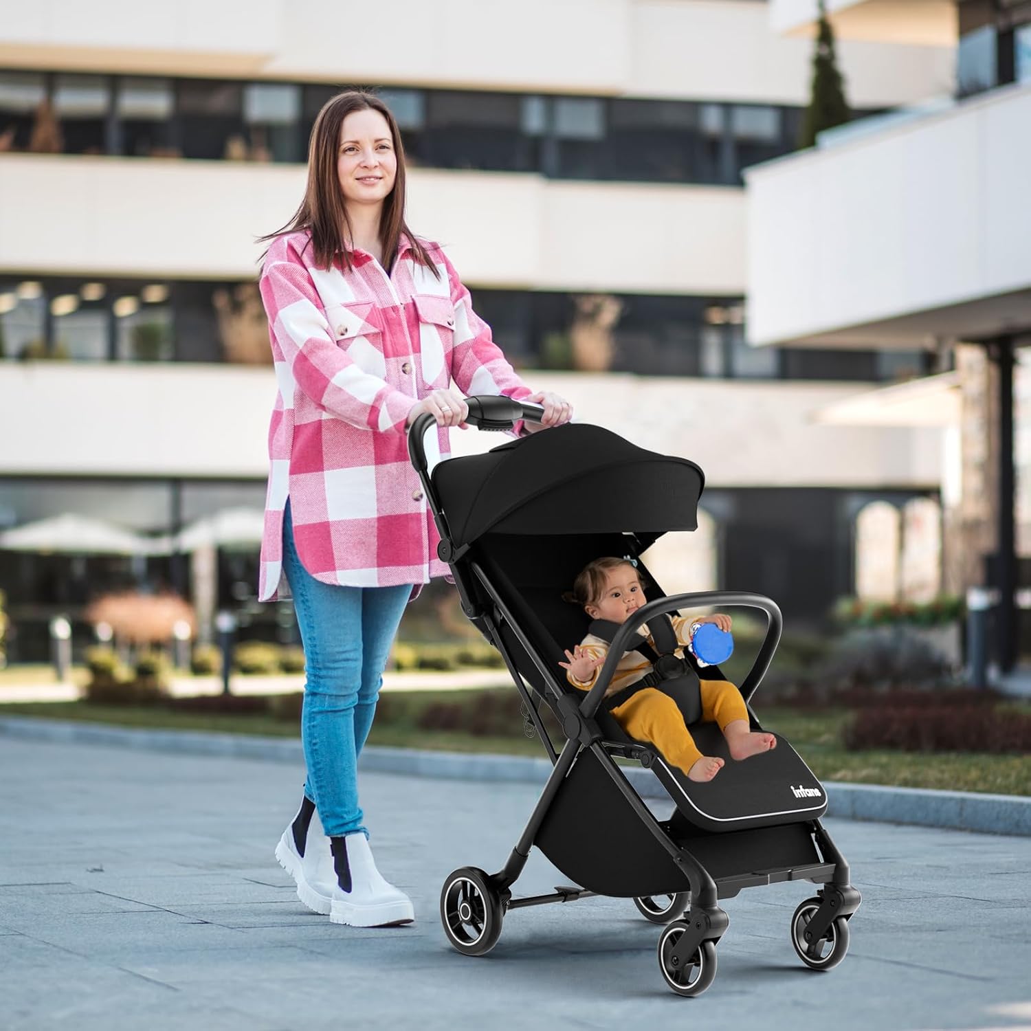 INFANS Lightweight Baby Stroller. One-Hand Gravity Fold. Compact Travel Stroller for Airplane with Aluminium Frame Adjustable Backrest. Foldable Toddler Stroller for Infant 0-36 Month