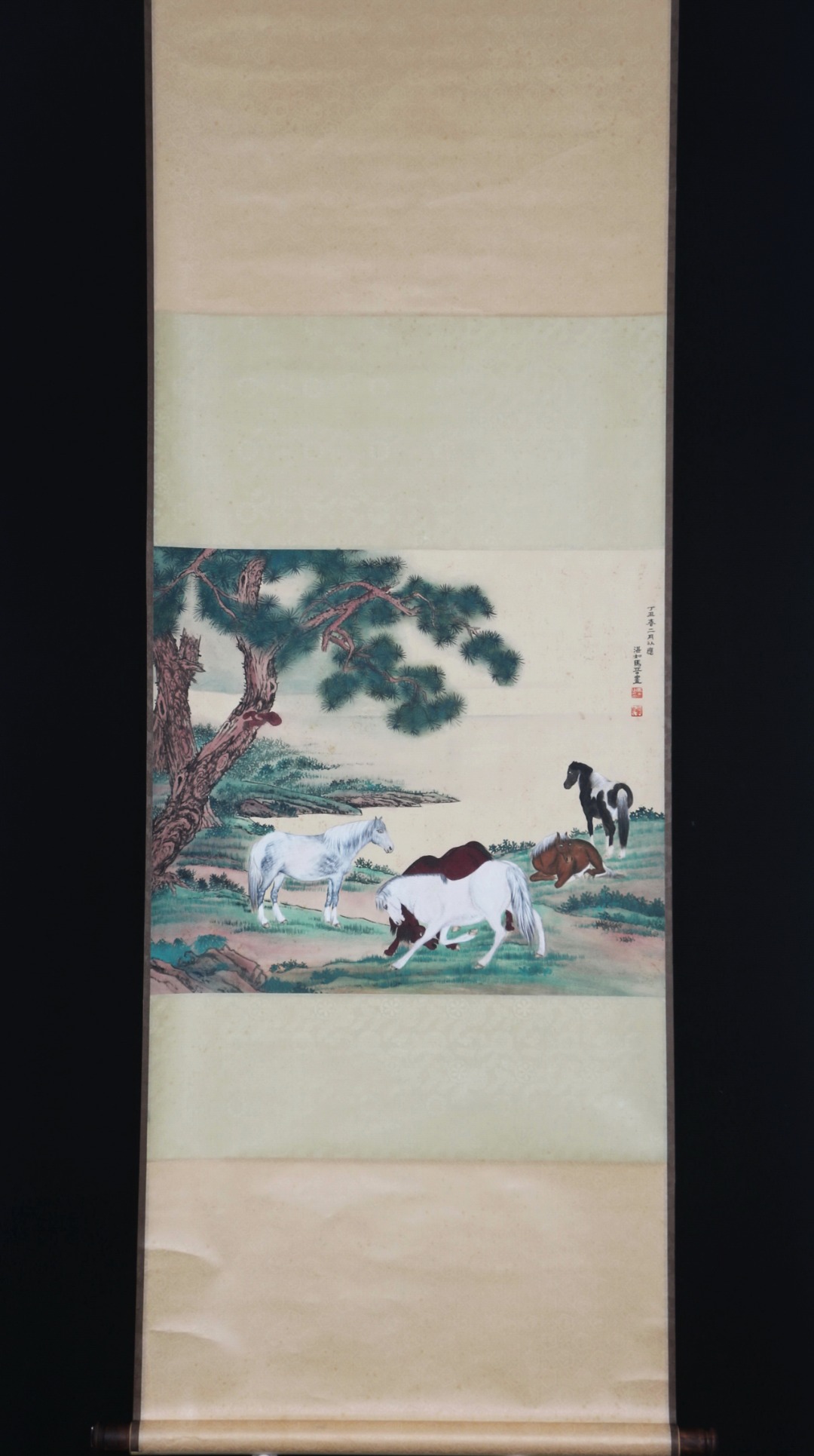 Ma Jin Chinese Painting *Five Horses*, Vertical Scroll, Exquisitely Mounted, Good Condition, Meticulous Brushwork, Bright Colors, With Mildew Spots, Size 56×65CM