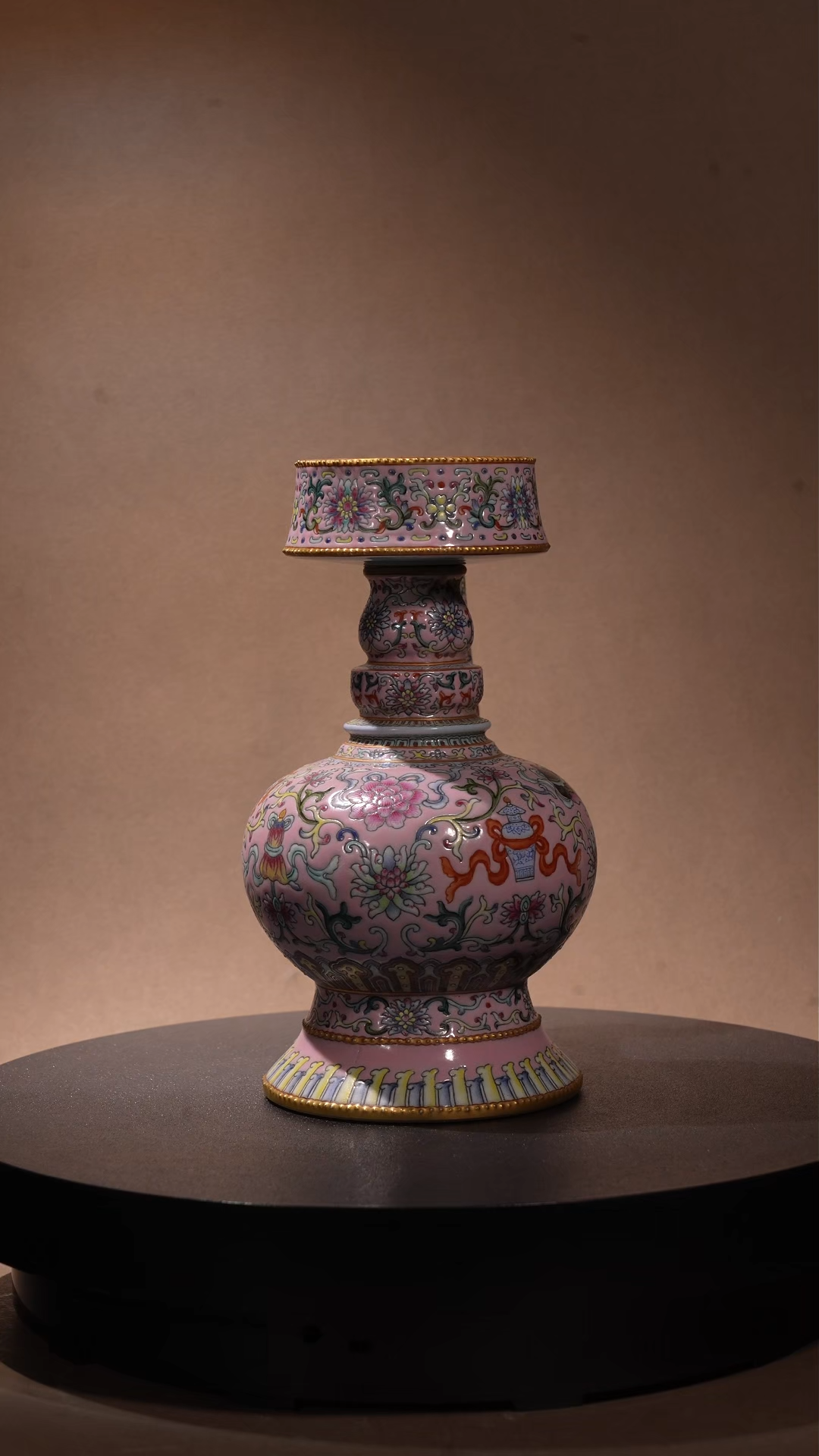 Ancient Chinese Famille Rose Benba Hu Vase with Eight Auspicious Symbols