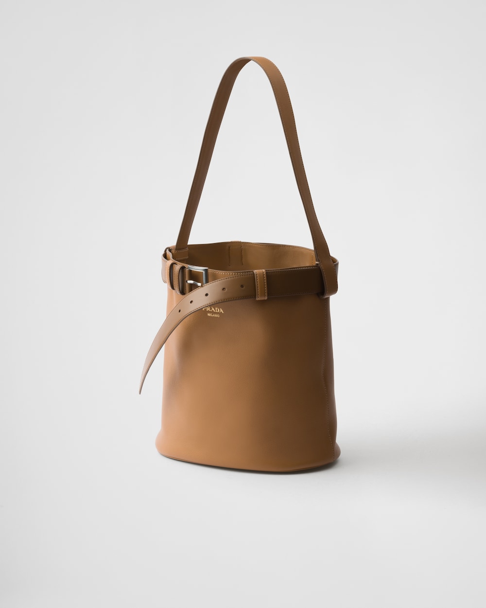 Prada Buckle leather bucket bag with belt Caramel