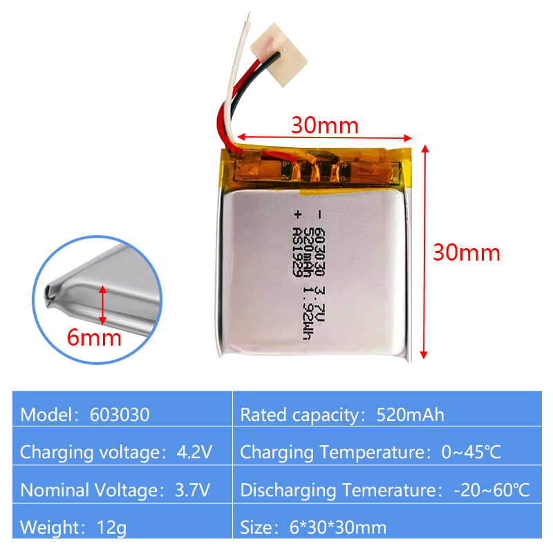 Pouch Lithium Ion Batteries 602540 603030 3.7v 600mAh 520mAh