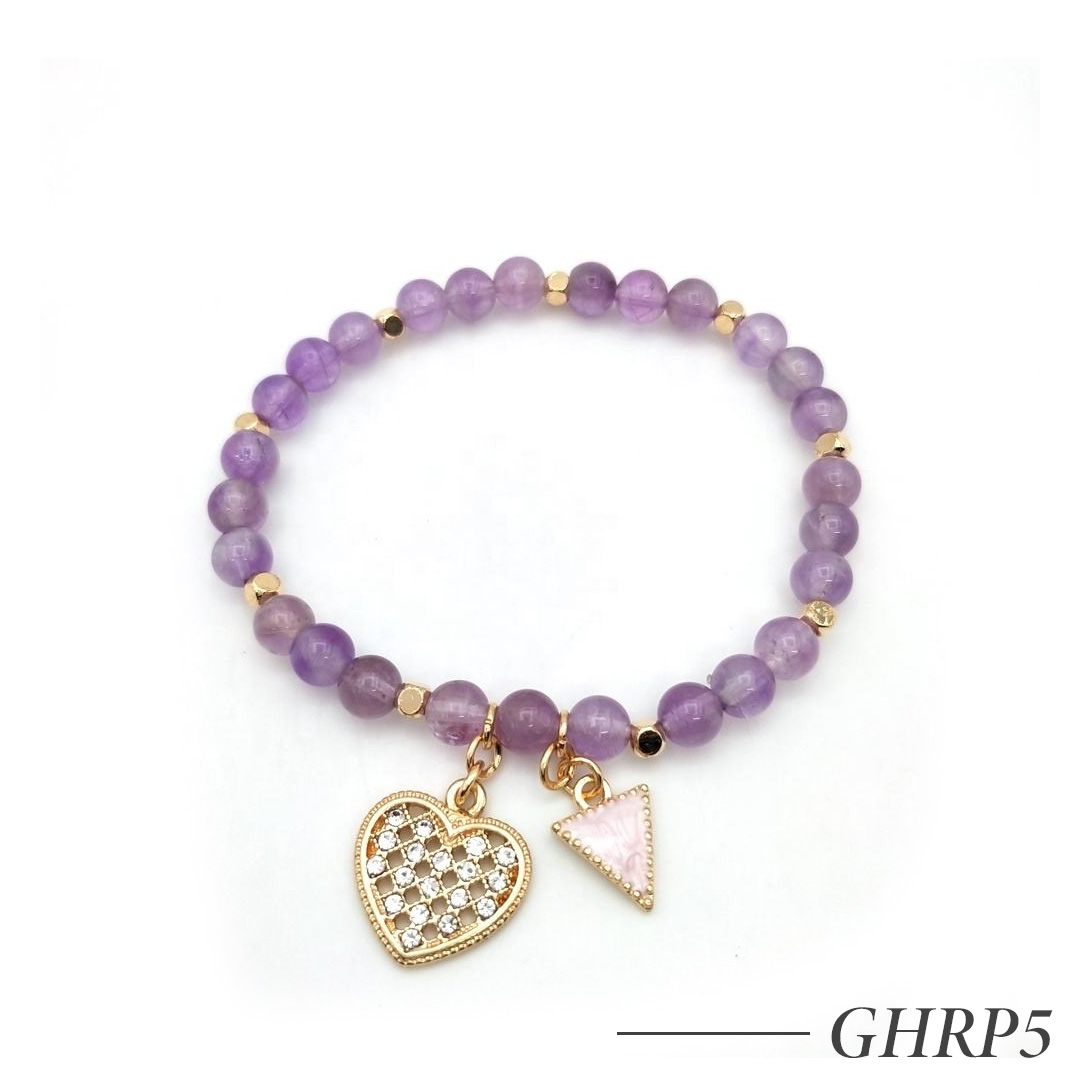 GHRP5-Amethyst Beaded Bracelet with Heart Charm