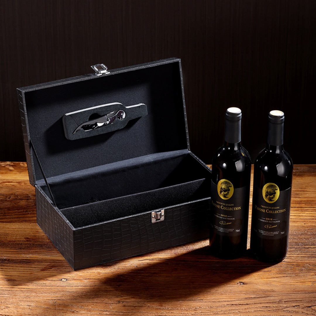 Wine Box, 2 Bottle Leatherette Top Handle with 4 Wine Accessory Travel Wine Gift Box, Handmade Premium Wine Carrier Case custom logo