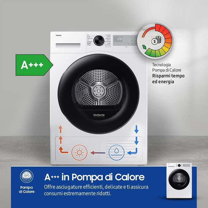 SAMSUNG - Asciugatrice DV90DG52A0AHET 9KG Classe C-Bianco oblò nero display silve