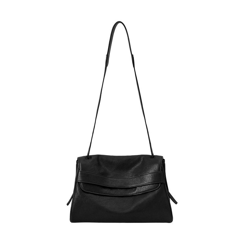 Minimalist Fold-Over Leather Shoulder Bag – Adjustable Crossbody Purse in Black