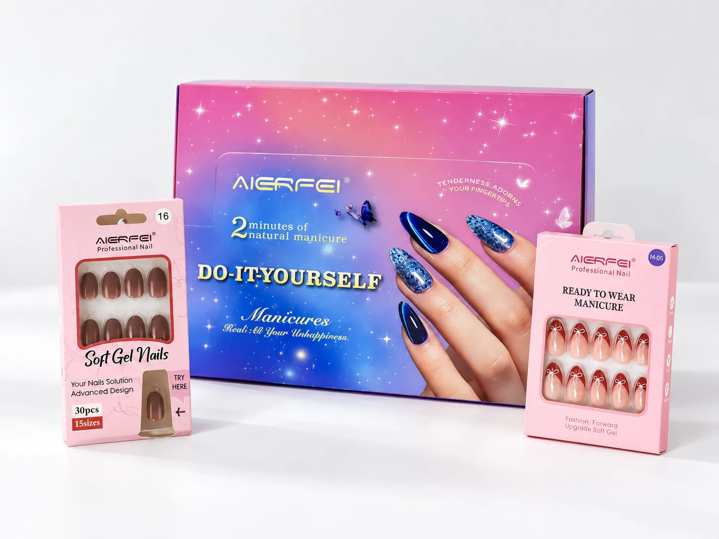 AIERFEI press-on nail packaging formats: large presentation box and two window cartons