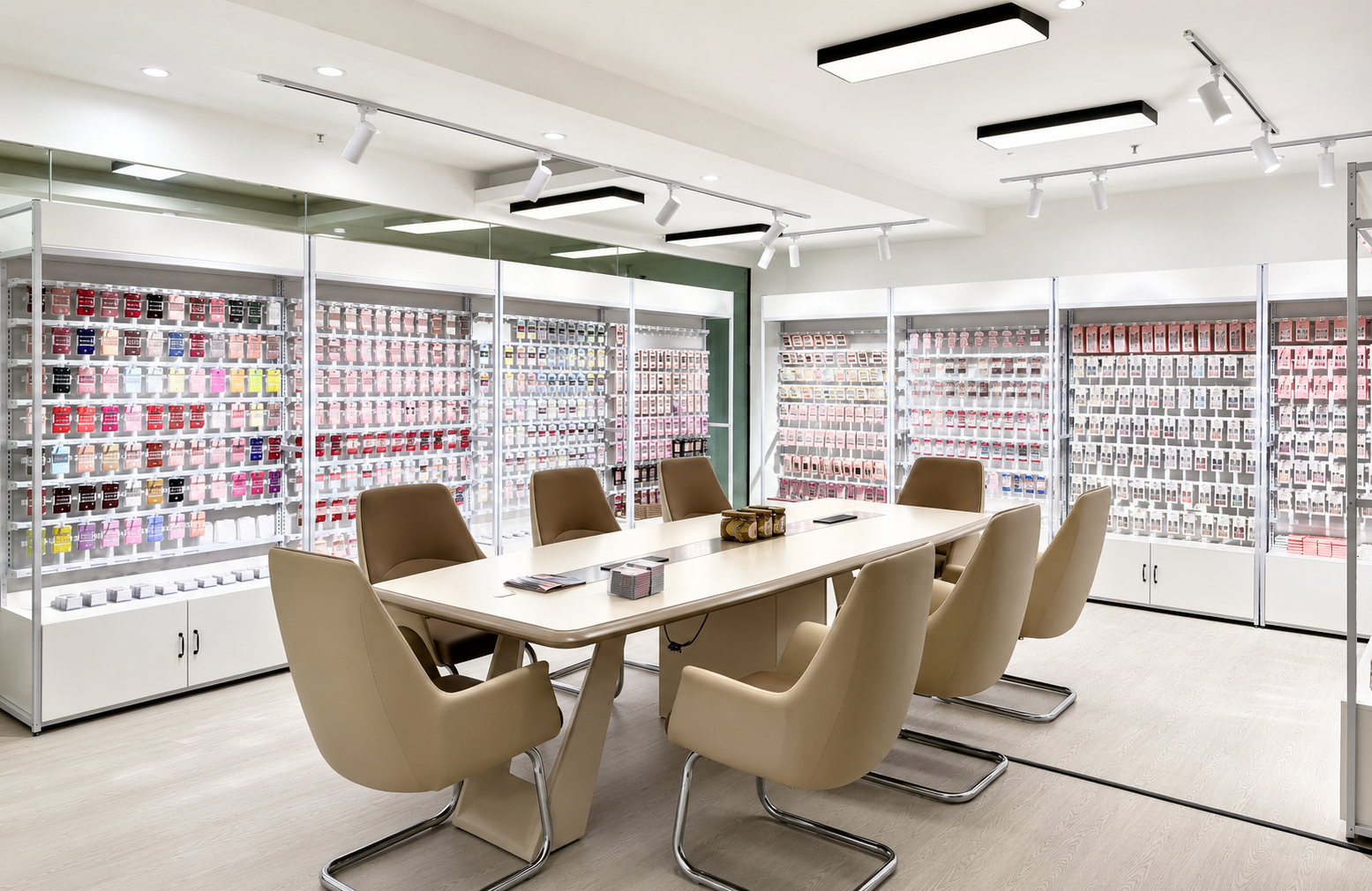 OEM/ODM customization and product development meeting room for press on nails design, packaging planning and private label solutions for beauty brands.