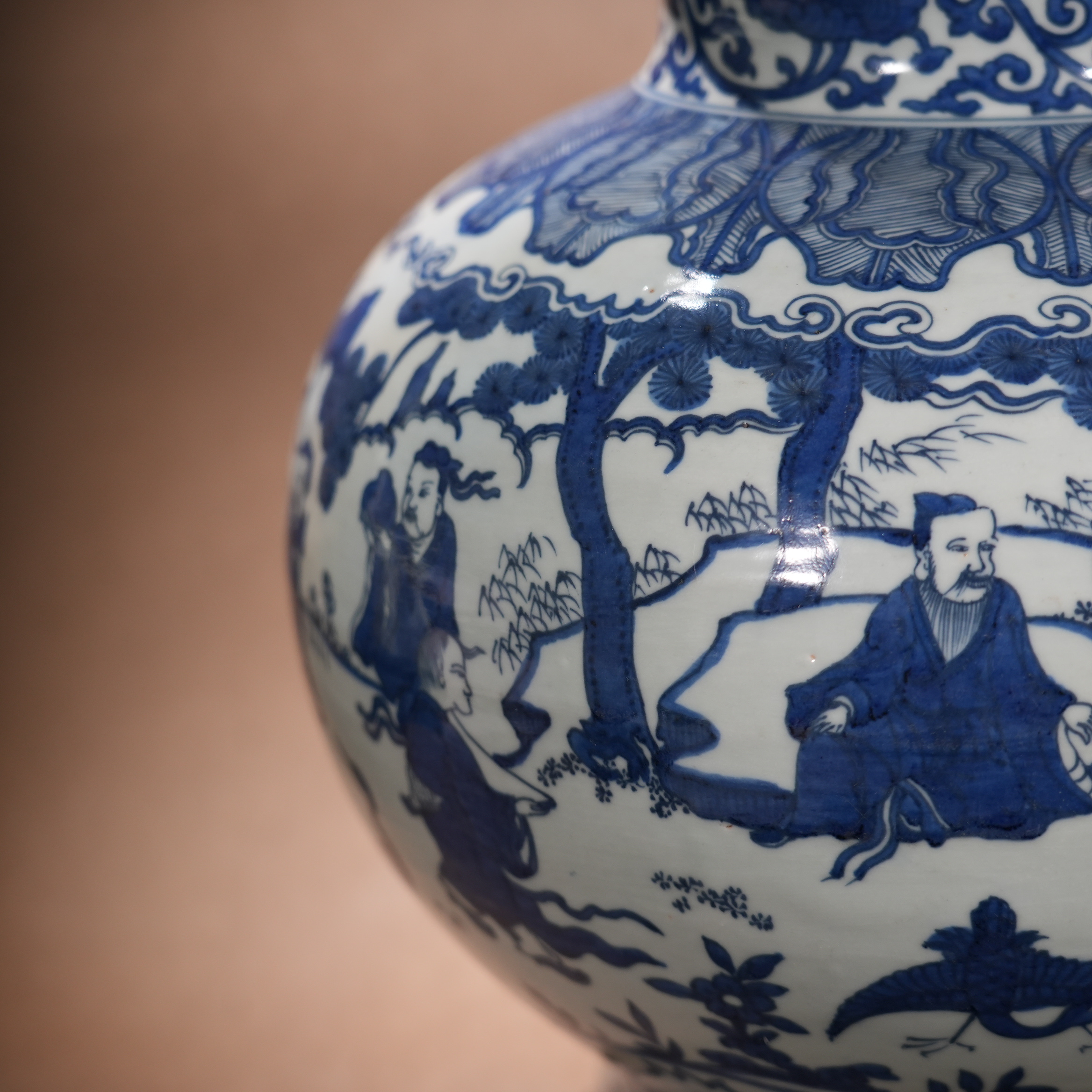 Ancient Chinese Blue and White Gourd Vase with Immortals Celebrating Longevity Motifs
