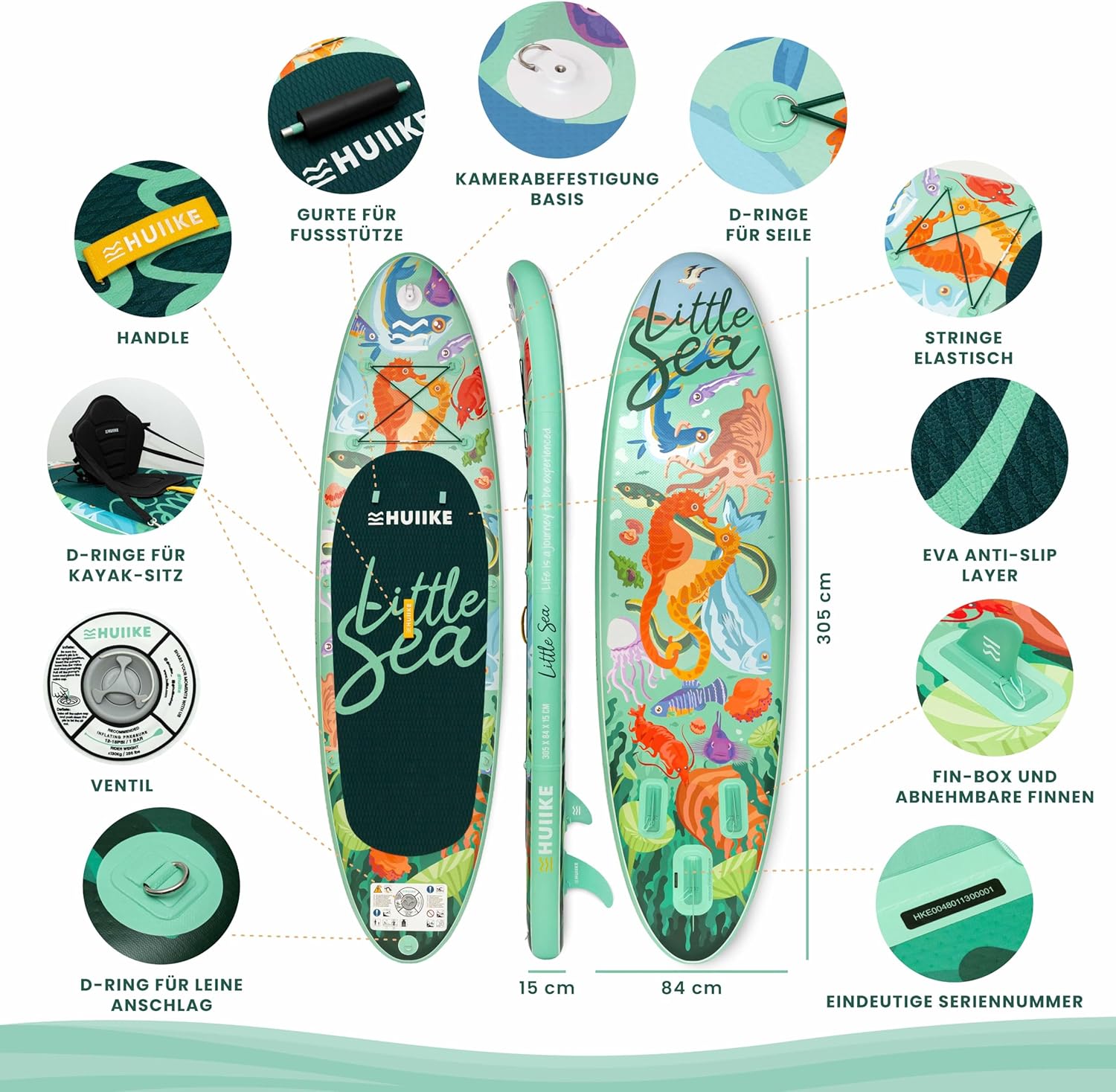 HUIIKE Stand Up Paddling Board mit Zubehör. Paddel. Finnen. Pumpe. Paddle Sup Board Aufblasbar Hohe Stabilität und Widerstandsfähigkeit. 305 × 84 × 15 cm. Belastbar bis 130 kg