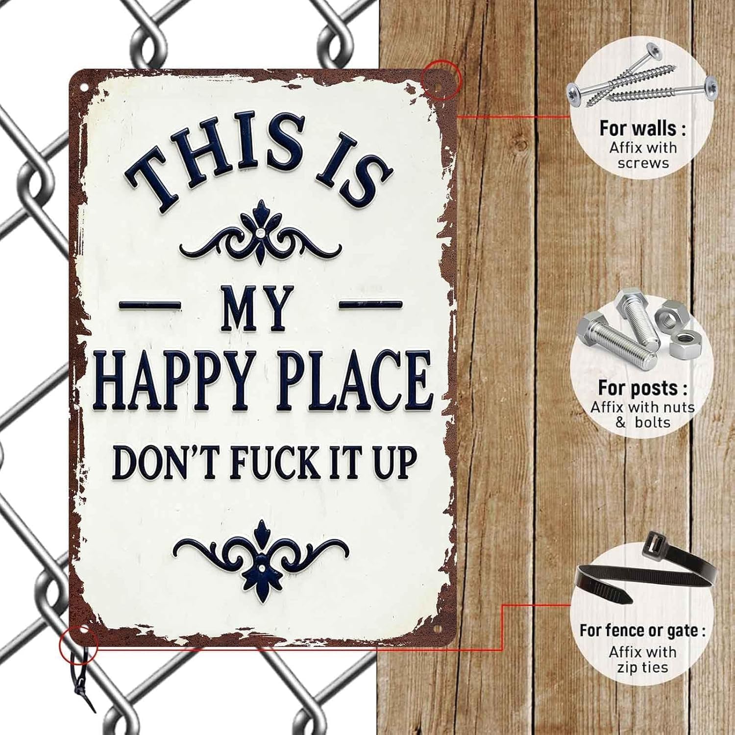 This Is My Happy Place Don't Fuck It Up Metal Sign, 8x12 Inch Aluminum Wall Decor, Funny Rustic Farmhouse Style for Home, Living Room, Man Cave