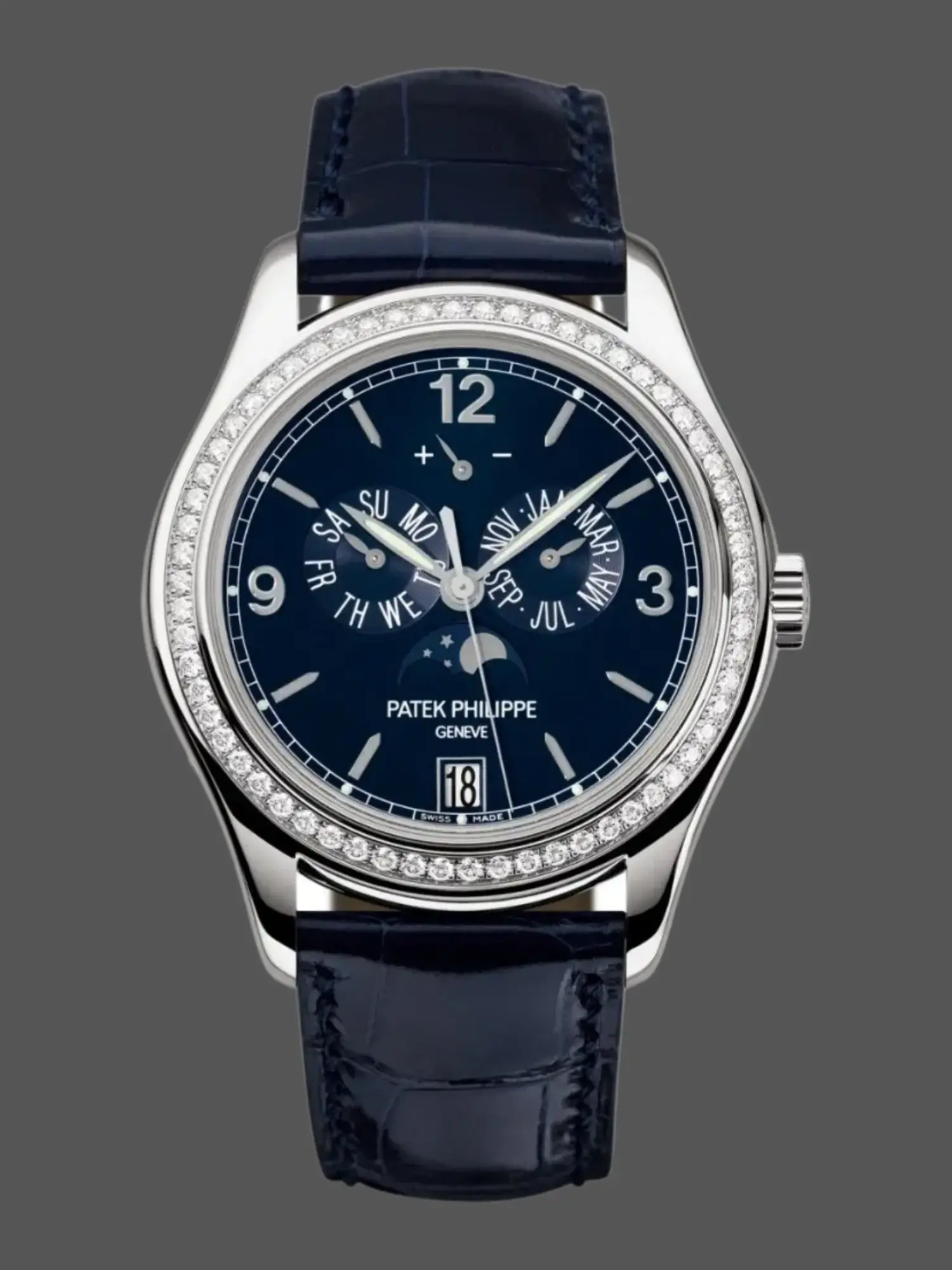 1:1 Clone Patek Philippe Complications Annual Calendar Diamond-Set Dark Blue Dial 5147G-001